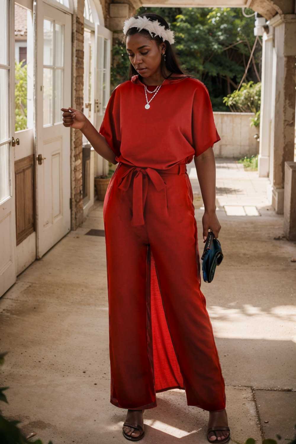 solid five point sleeve belted wide leg jumpsuit 110688
