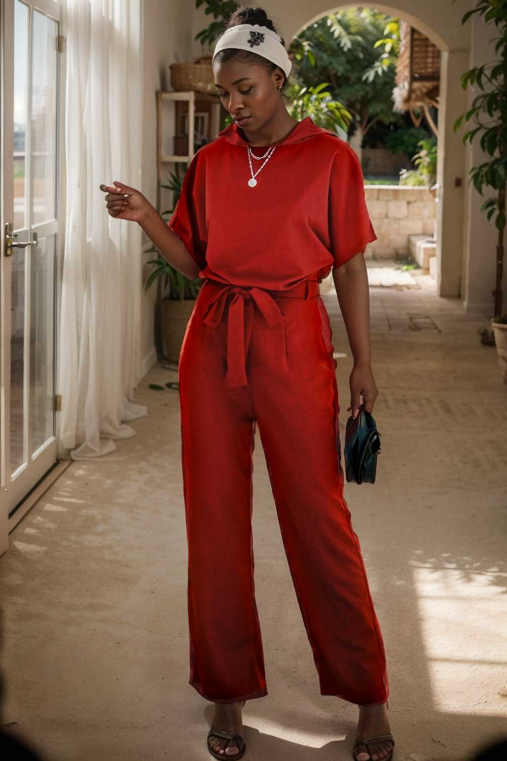 solid five point sleeve belted wide leg jumpsuit 111301
