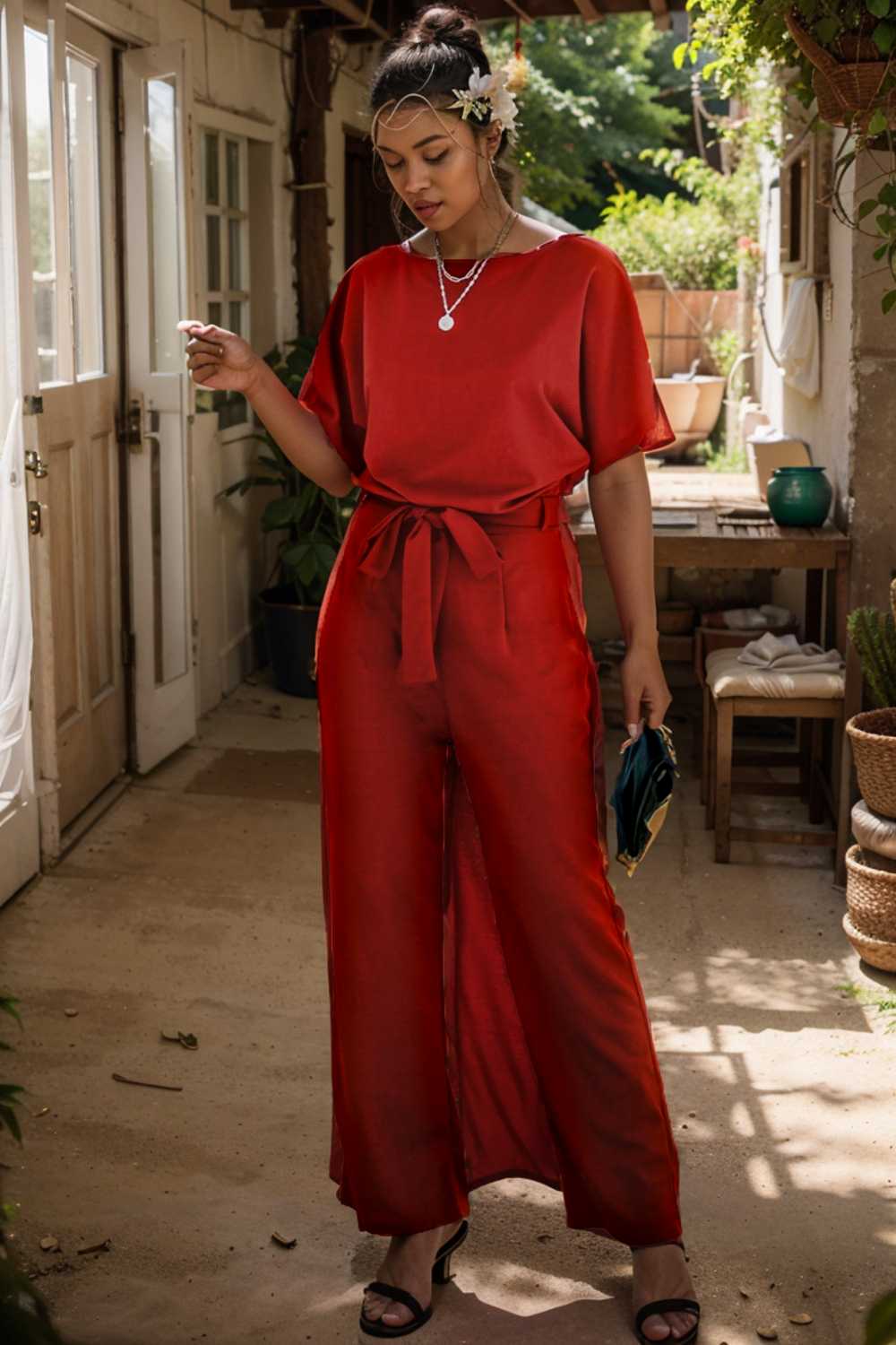 solid five point sleeve belted wide leg jumpsuit 112713