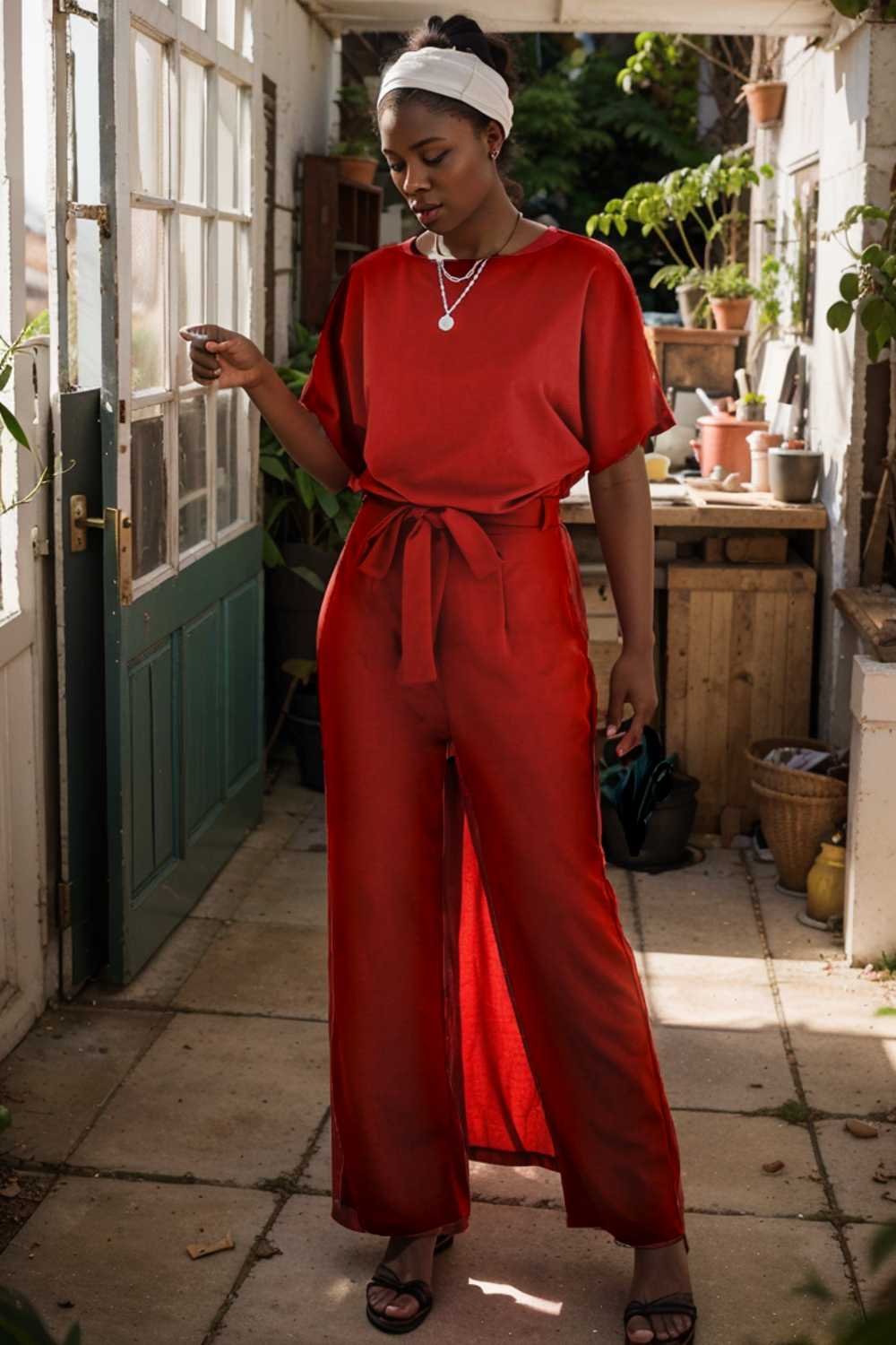 solid five point sleeve belted wide leg jumpsuit 112712