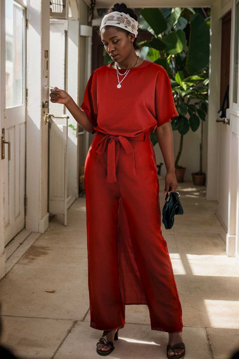 solid five point sleeve belted wide leg jumpsuit 111299
