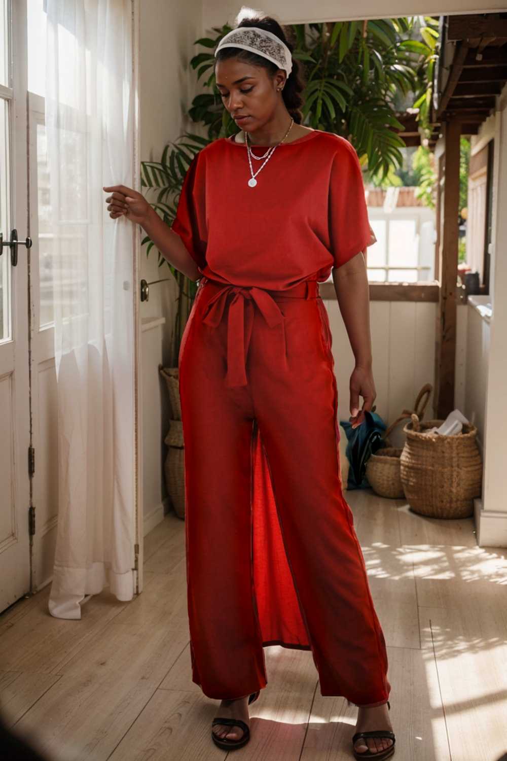 solid five point sleeve belted wide leg jumpsuit 110685