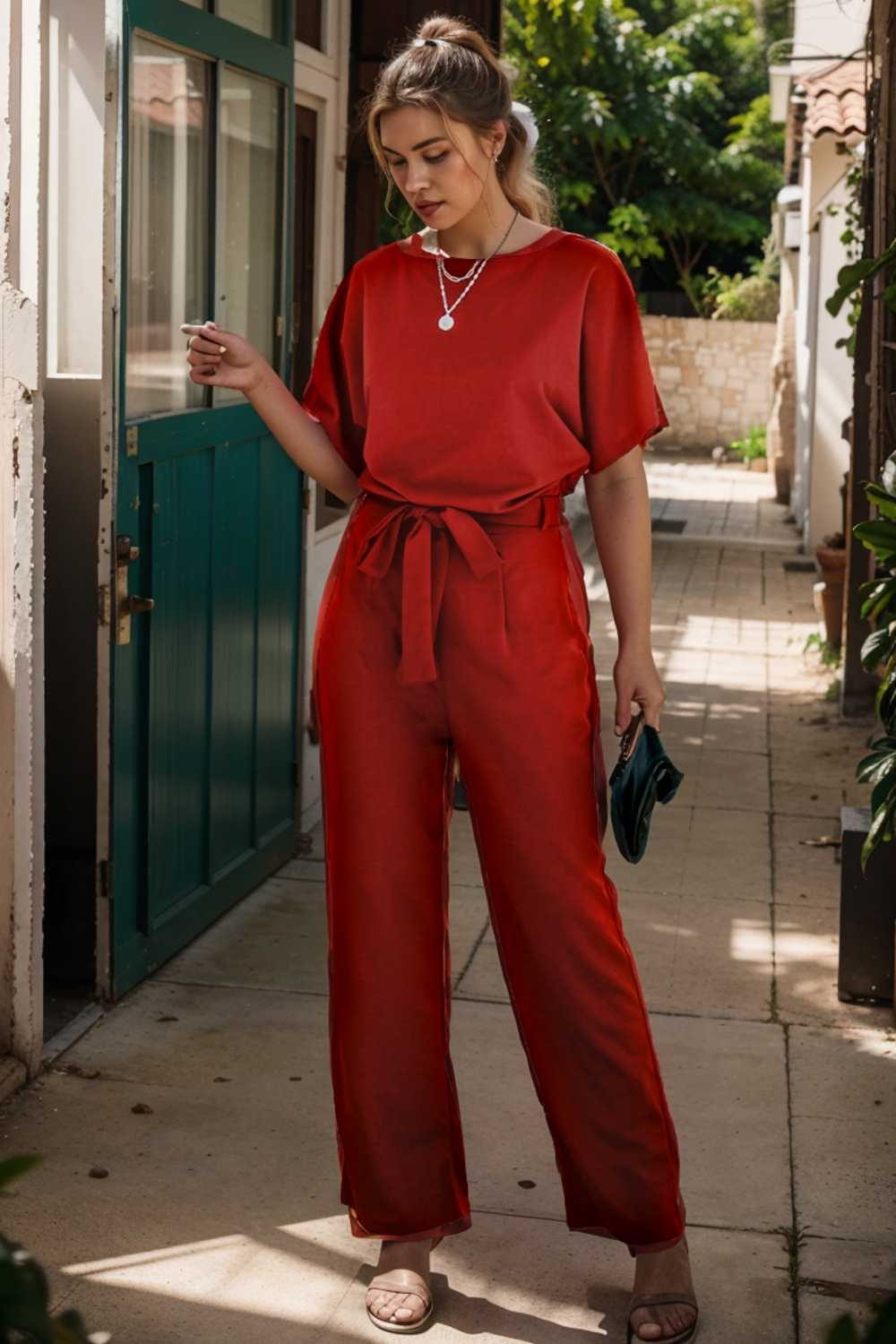 solid five point sleeve belted wide leg jumpsuit 111298