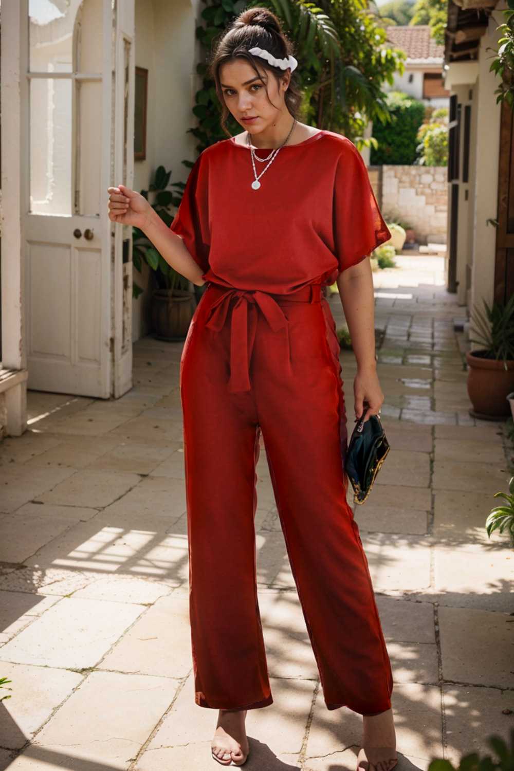 solid five point sleeve belted wide leg jumpsuit 110684