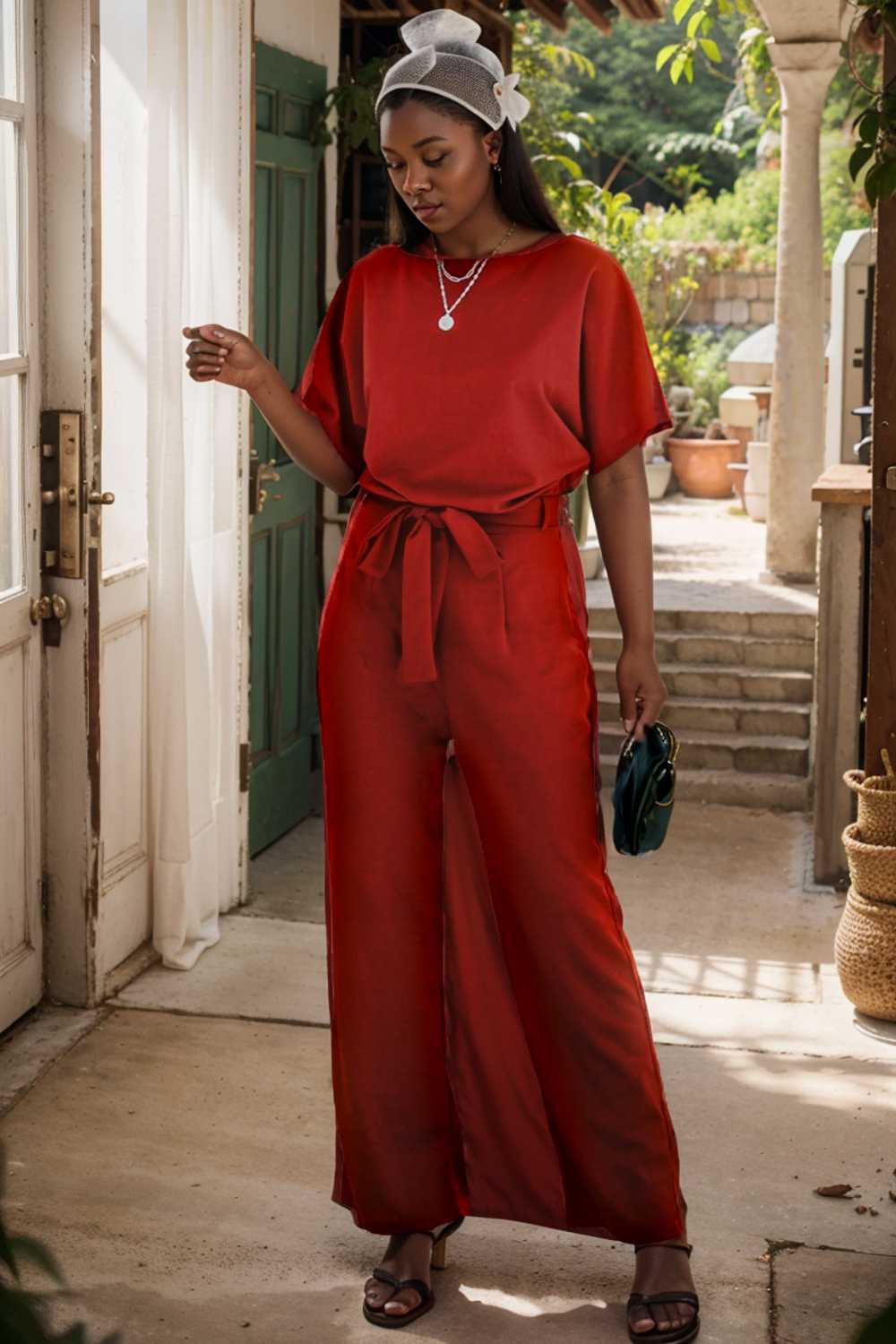 solid five point sleeve belted wide leg jumpsuit 111297