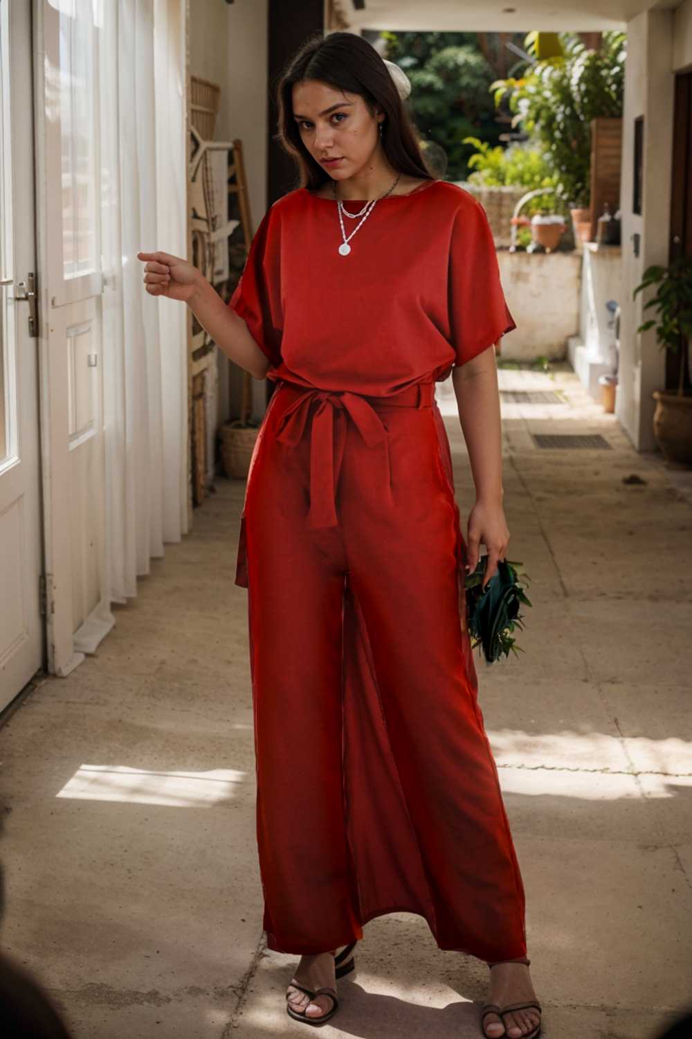 solid five point sleeve belted wide leg jumpsuit 110683