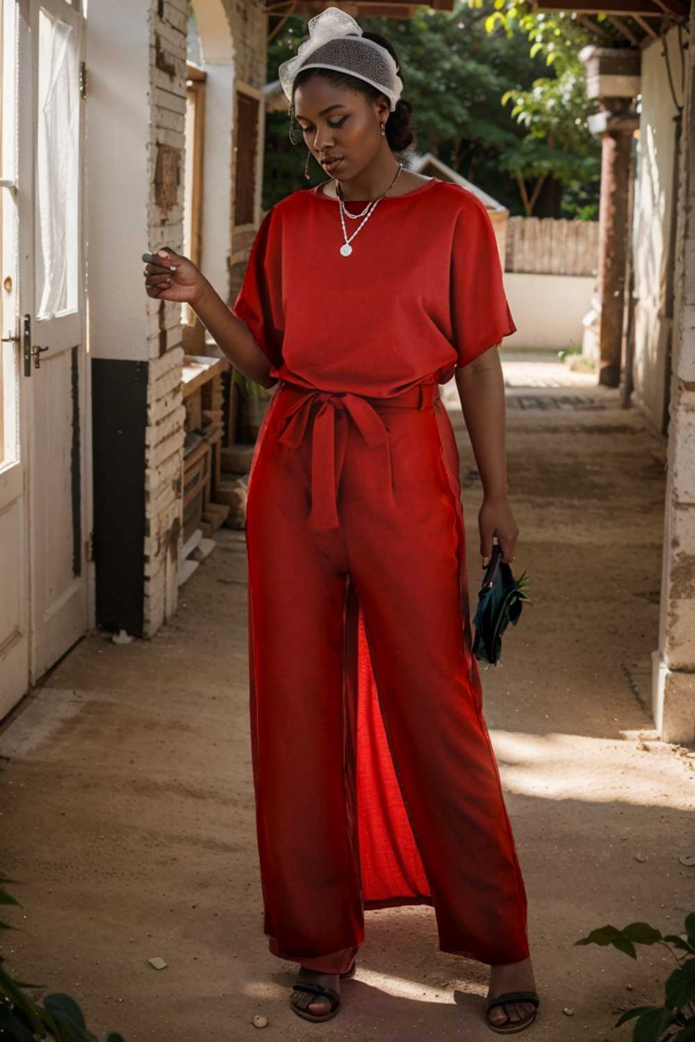 solid five point sleeve belted wide leg jumpsuit 111296