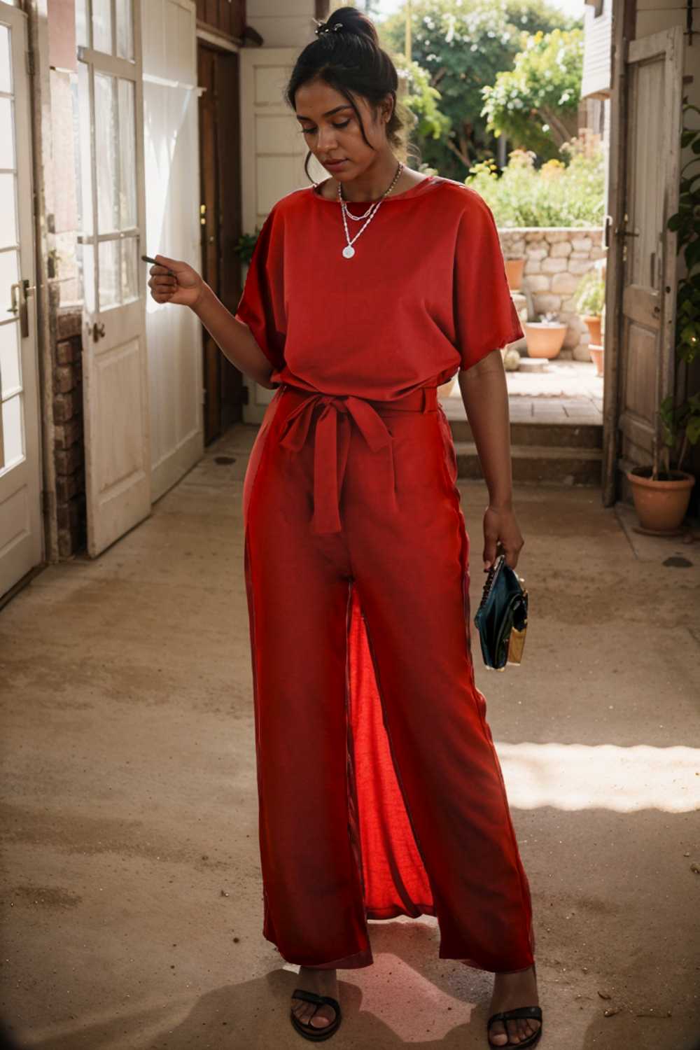 solid five point sleeve belted wide leg jumpsuit 110682