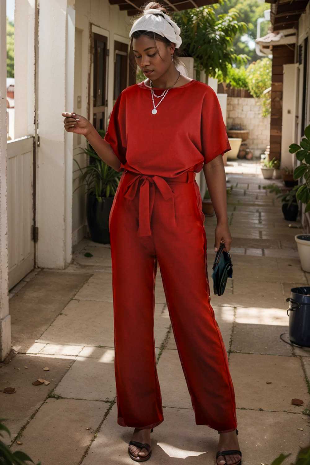 solid five point sleeve belted wide leg jumpsuit 111295