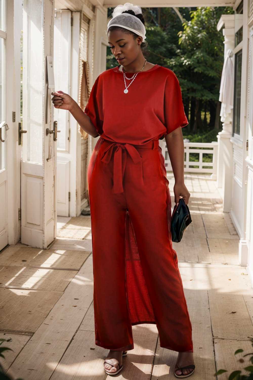 solid five point sleeve belted wide leg jumpsuit 111294