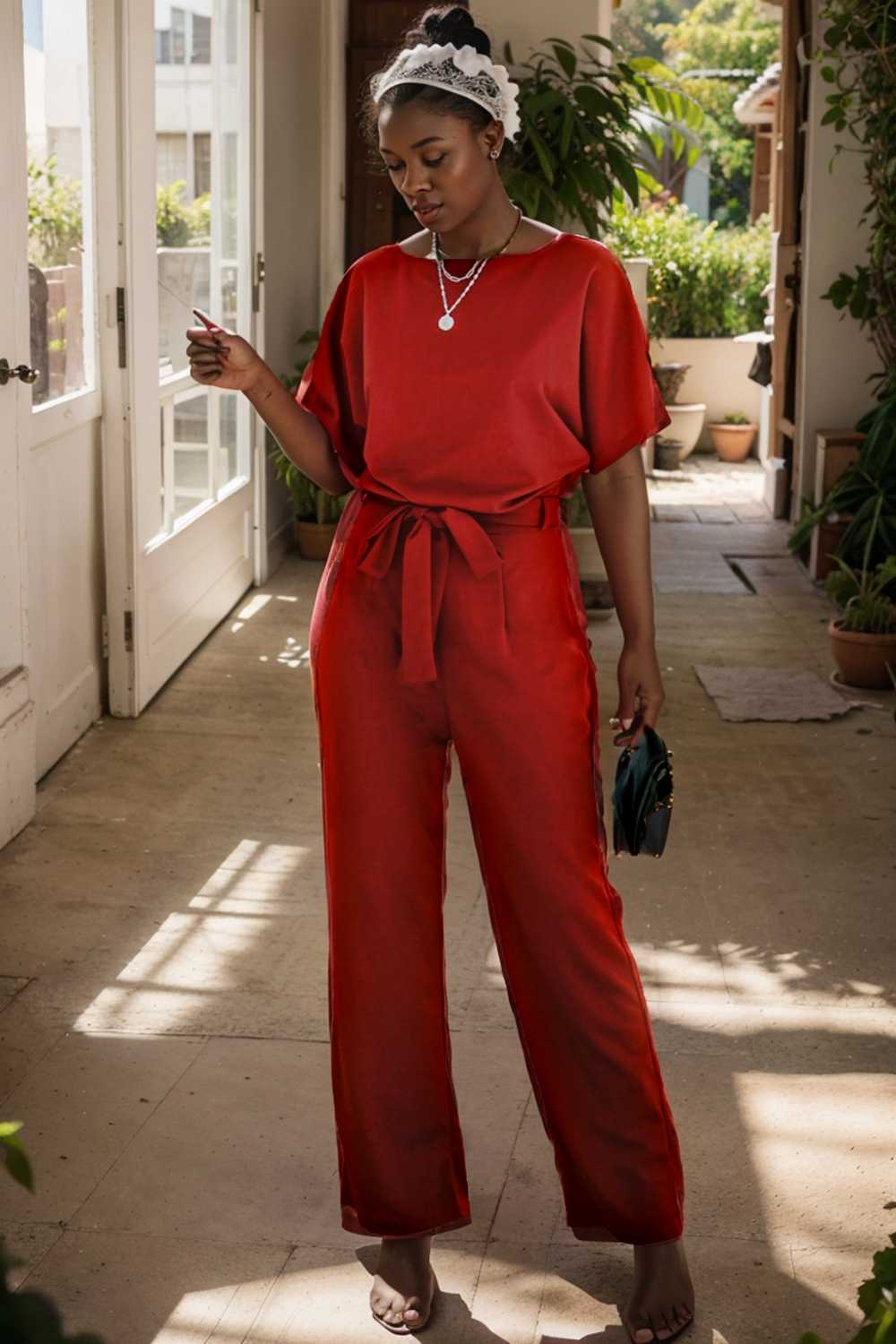 solid five point sleeve belted wide leg jumpsuit 111293