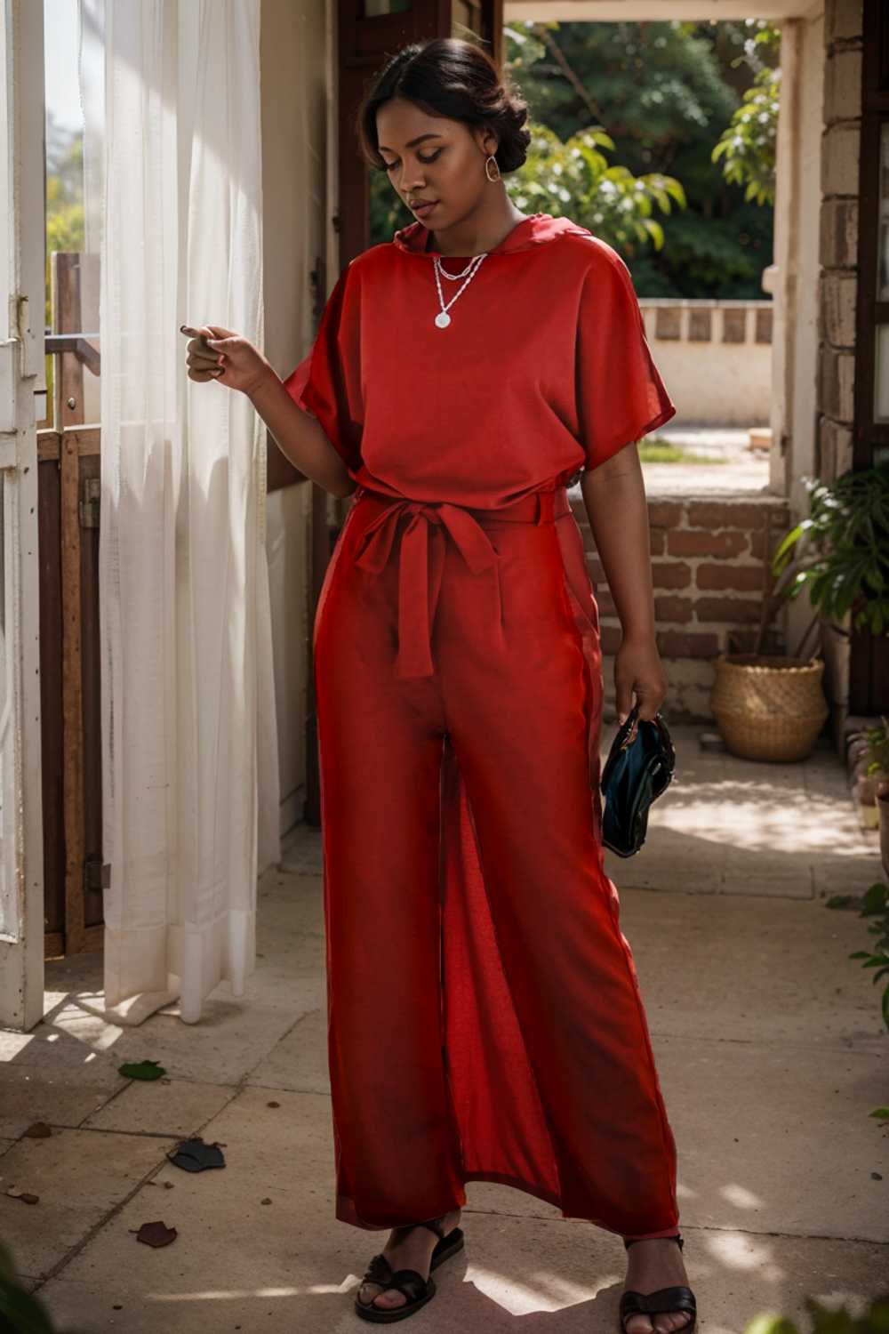 solid five point sleeve belted wide leg jumpsuit 111292