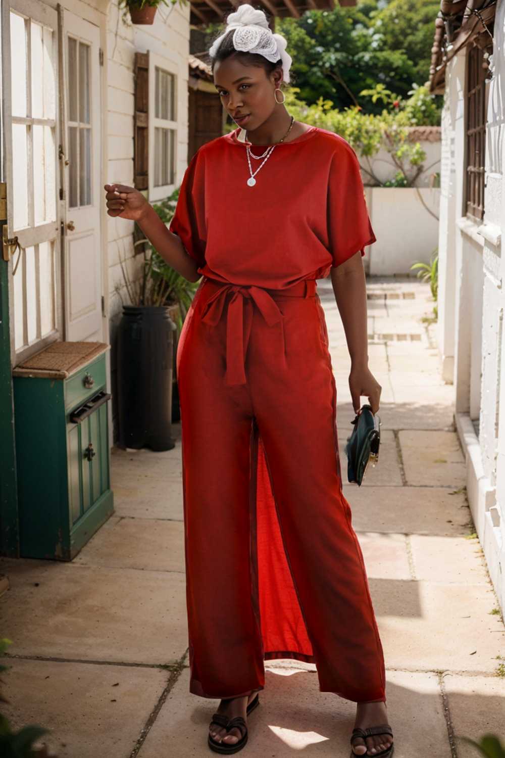 solid five point sleeve belted wide leg jumpsuit 111291