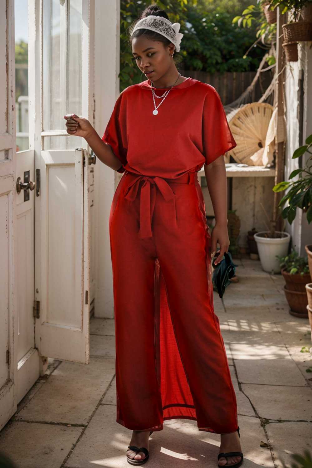 solid five point sleeve belted wide leg jumpsuit 111289