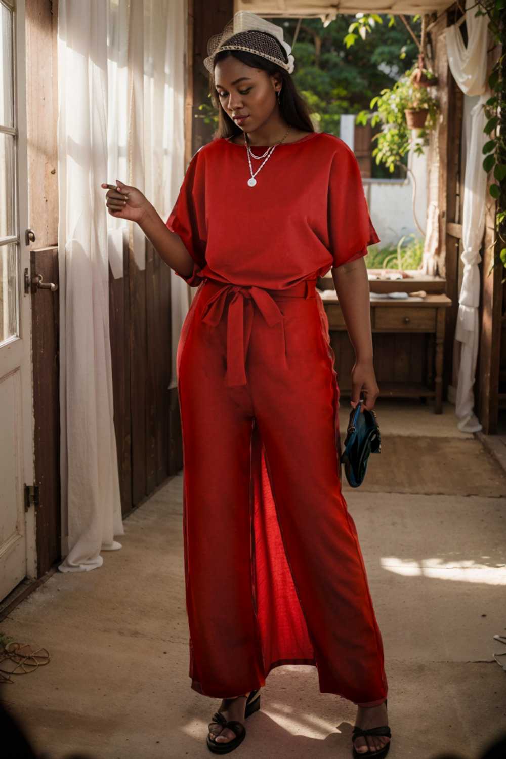 solid five point sleeve belted wide leg jumpsuit 111287