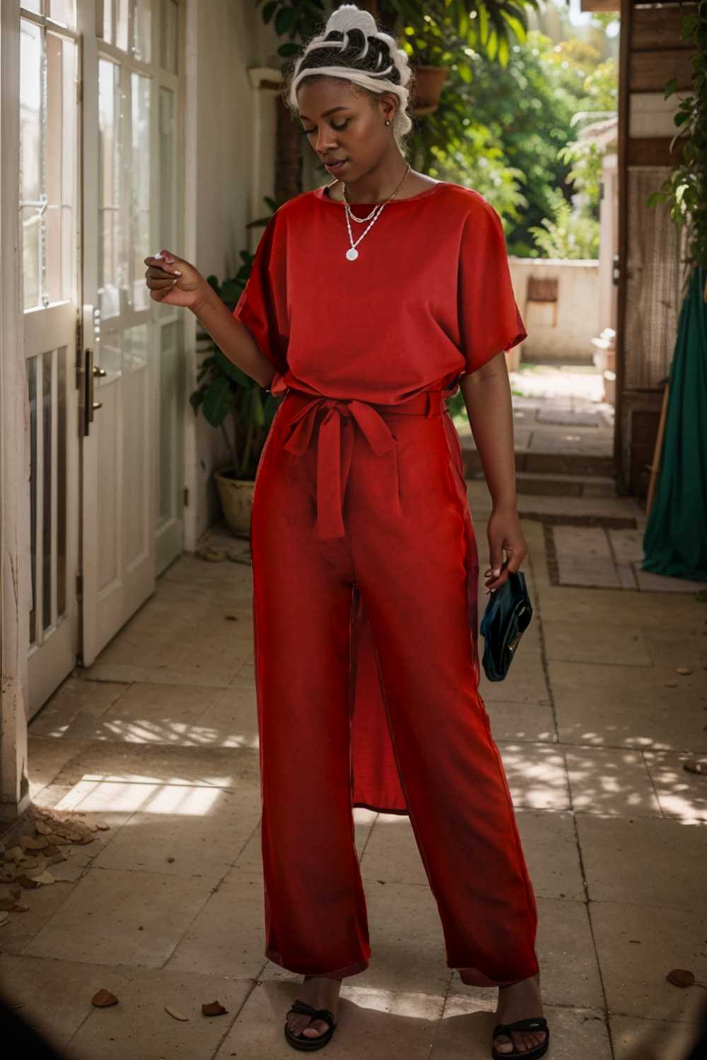 solid five point sleeve belted wide leg jumpsuit 111286