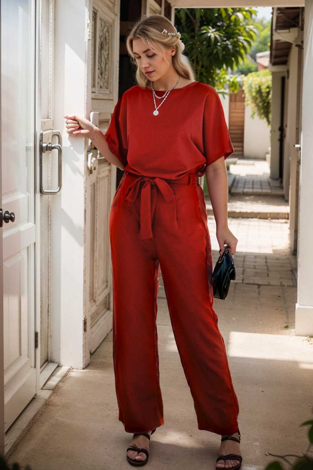 solid five point sleeve belted wide leg jumpsuit 111285
