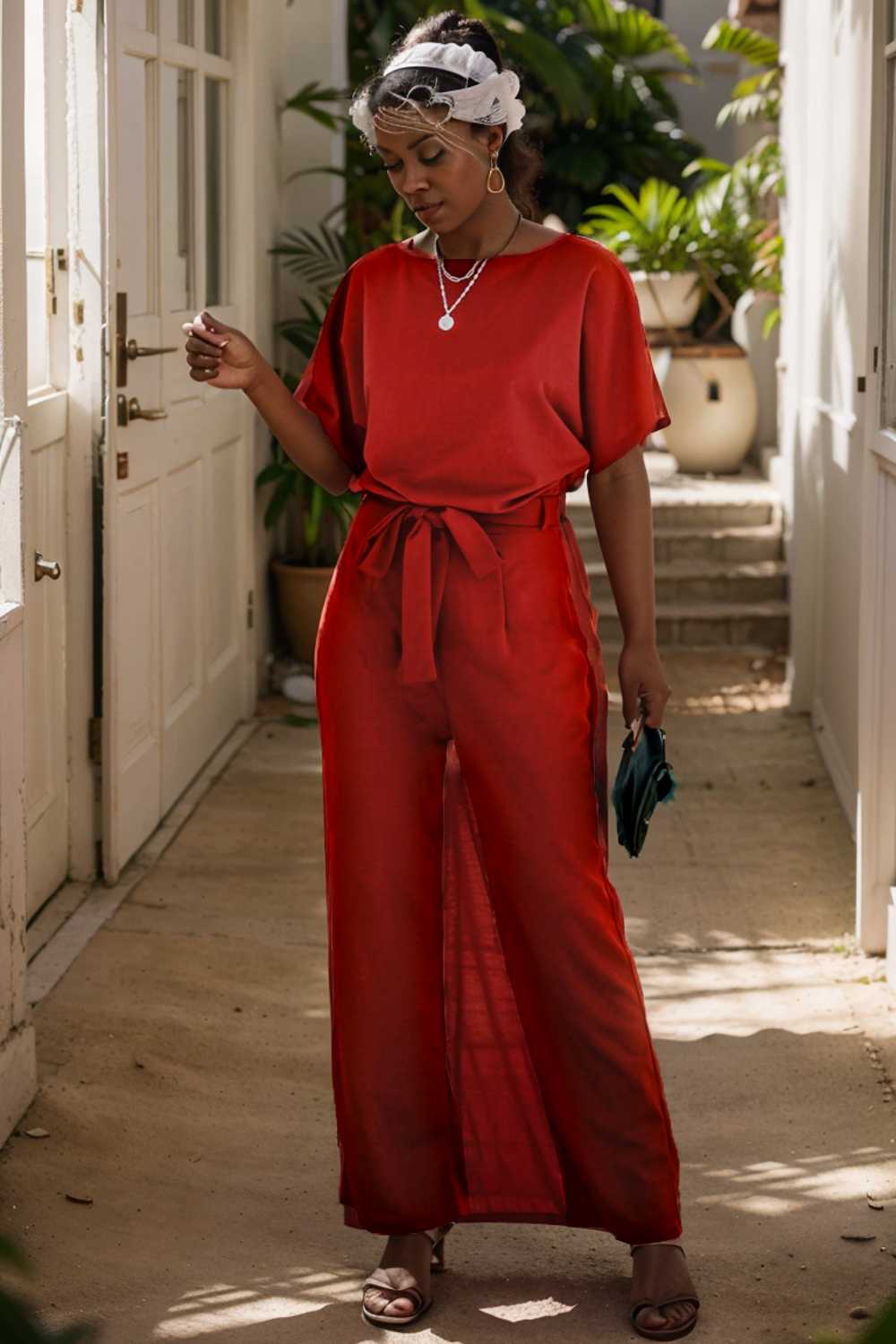 solid five point sleeve belted wide leg jumpsuit 111284