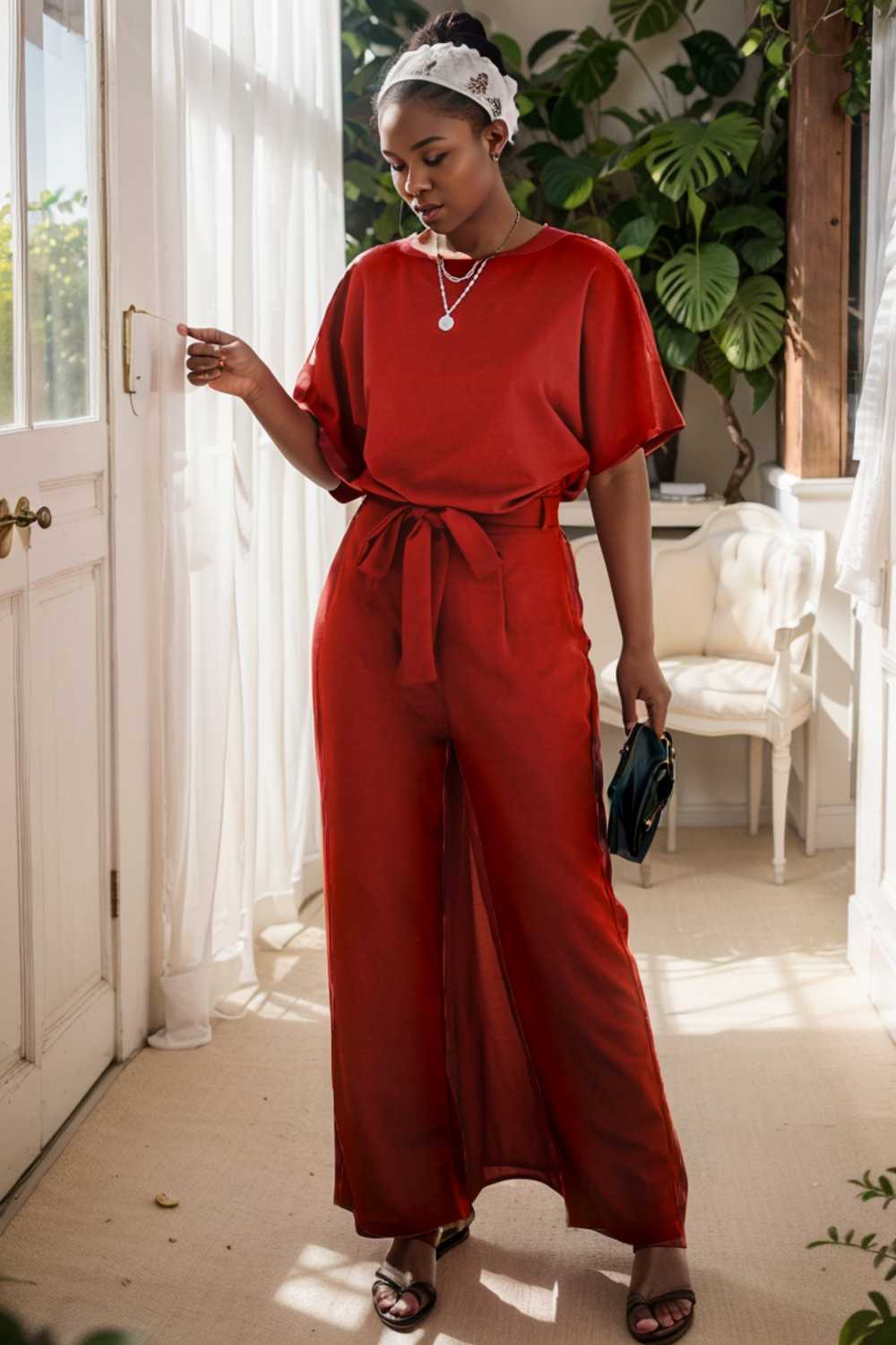 solid five point sleeve belted wide leg jumpsuit 111283