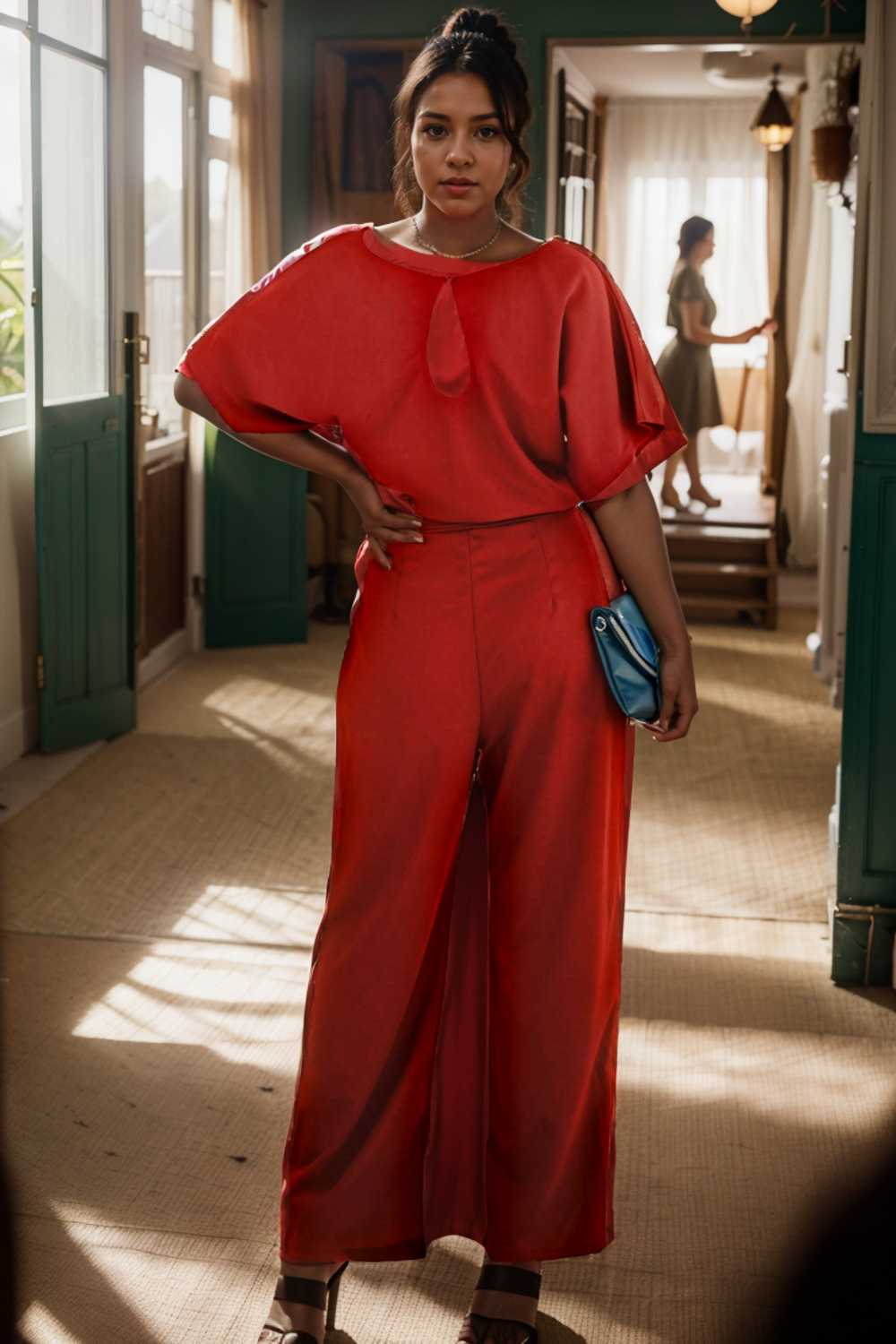 solid five point sleeve belted wide leg jumpsuit 110681