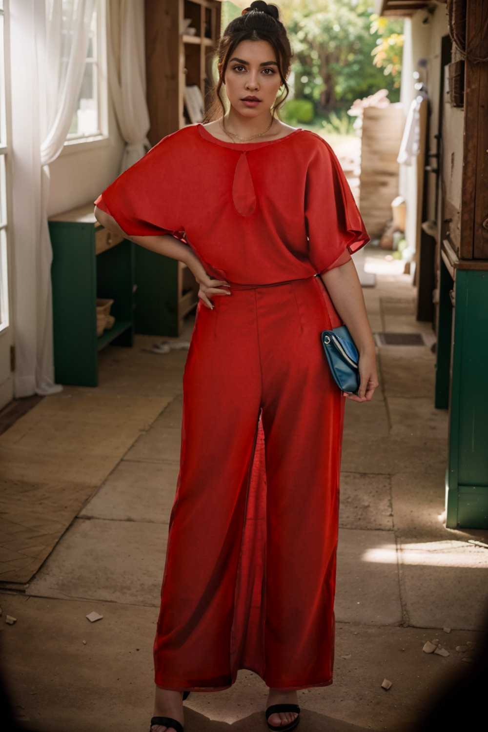 solid five point sleeve belted wide leg jumpsuit 111281