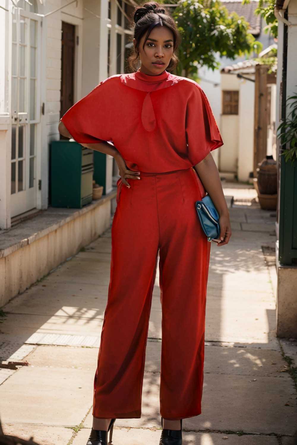 solid five point sleeve belted wide leg jumpsuit 112710