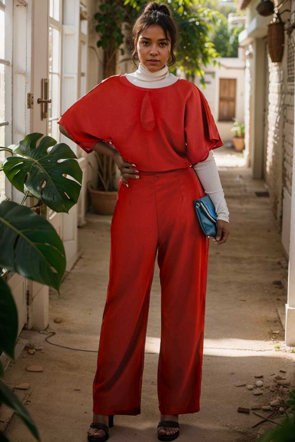 solid five point sleeve belted wide leg jumpsuit 110679