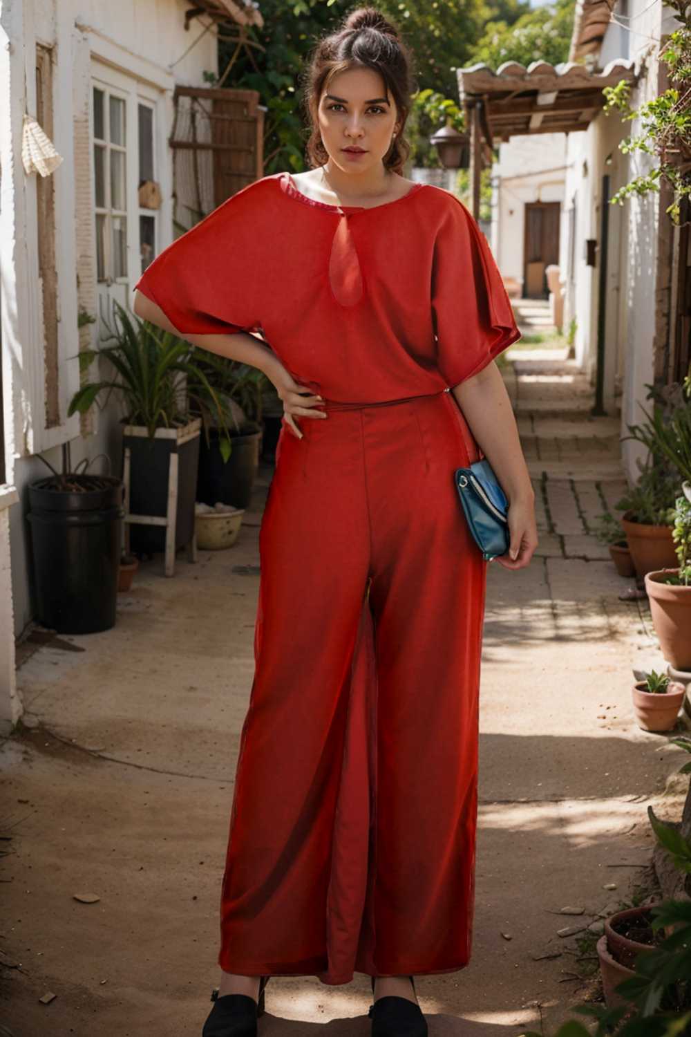 solid five point sleeve belted wide leg jumpsuit 111279
