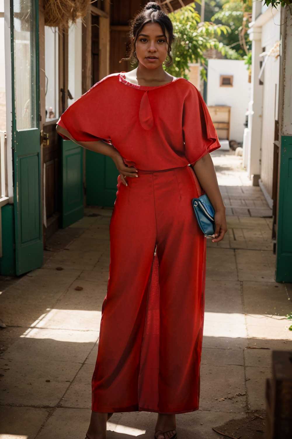 solid five point sleeve belted wide leg jumpsuit 110678