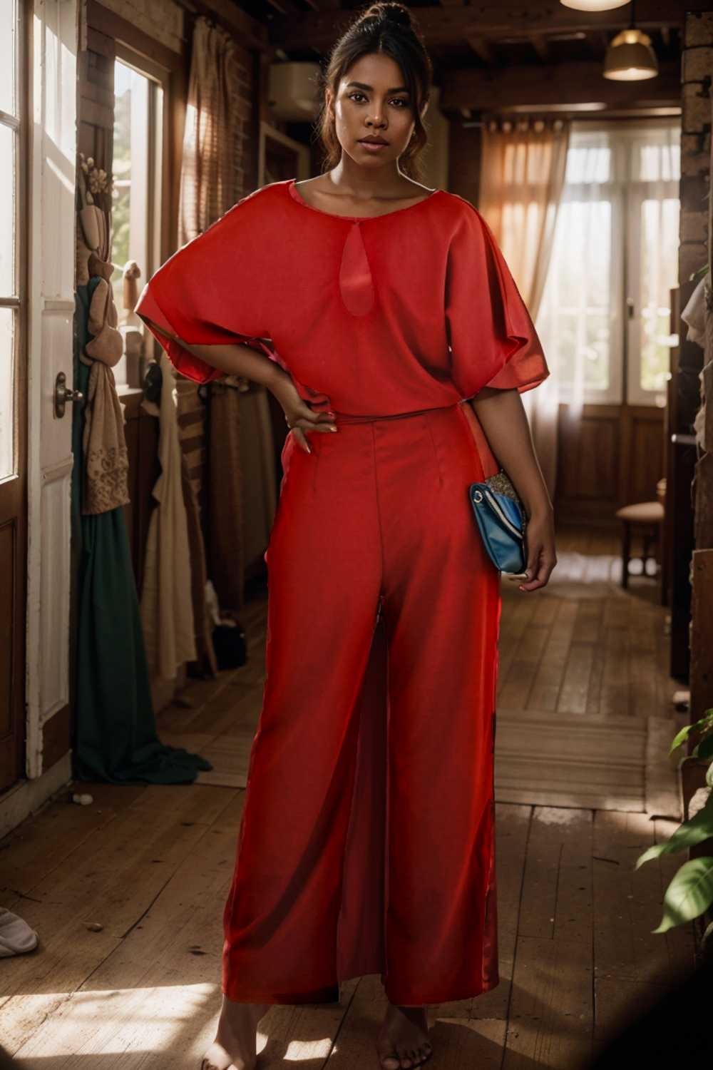 solid five point sleeve belted wide leg jumpsuit 111277