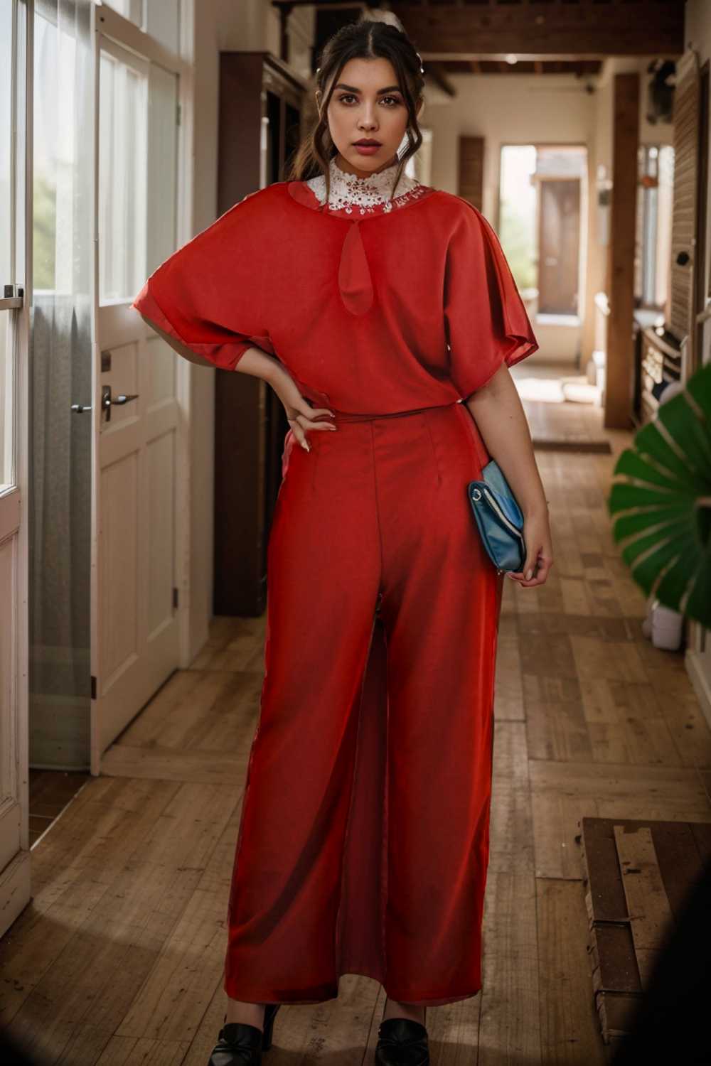 solid five point sleeve belted wide leg jumpsuit 111276