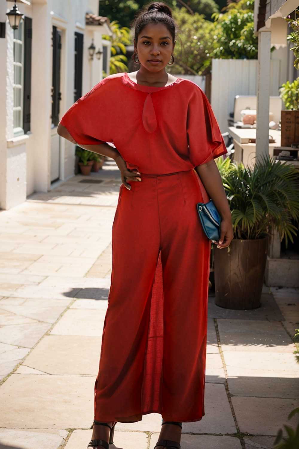 solid five point sleeve belted wide leg jumpsuit 110675