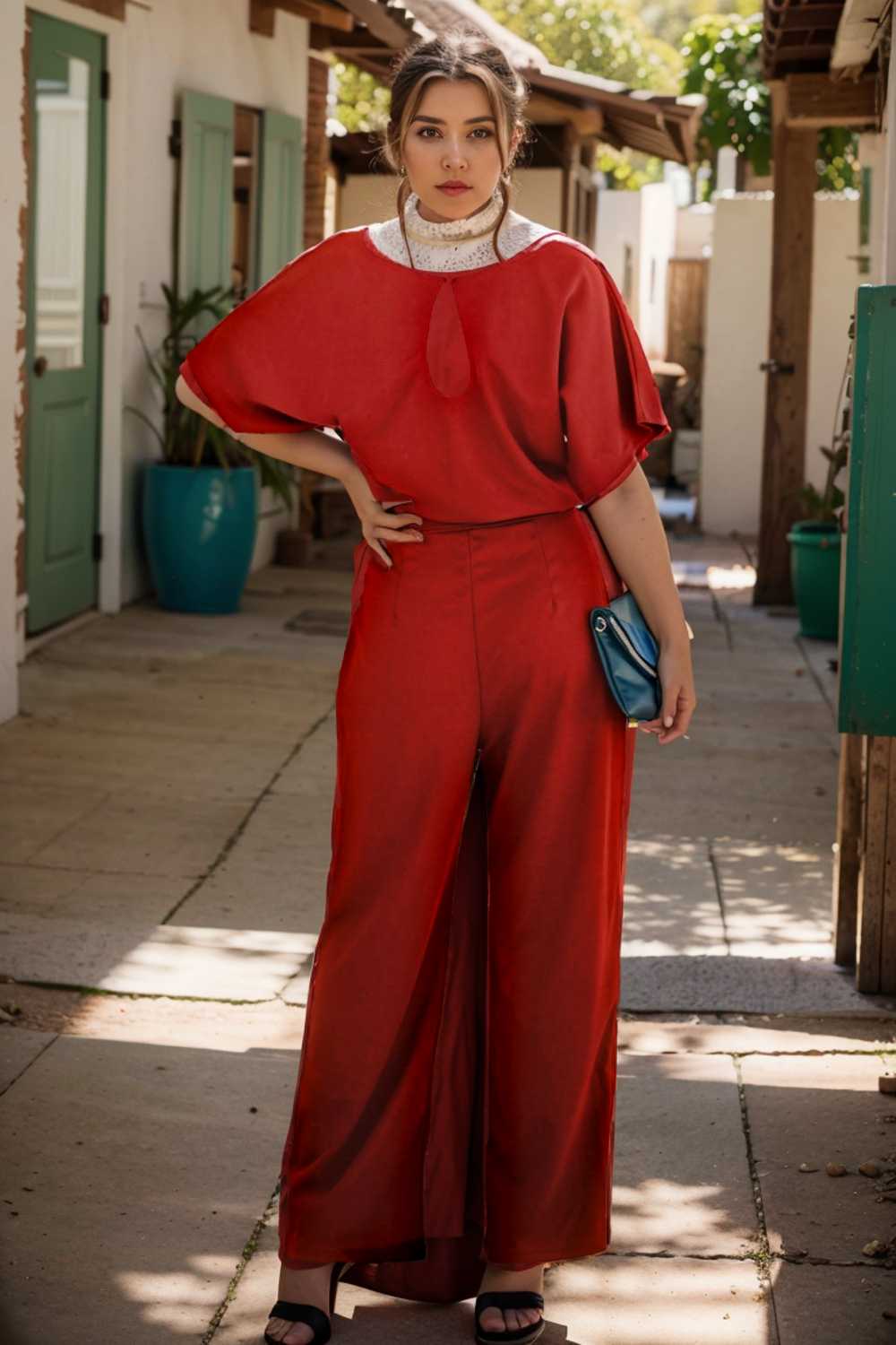 solid five point sleeve belted wide leg jumpsuit 111275