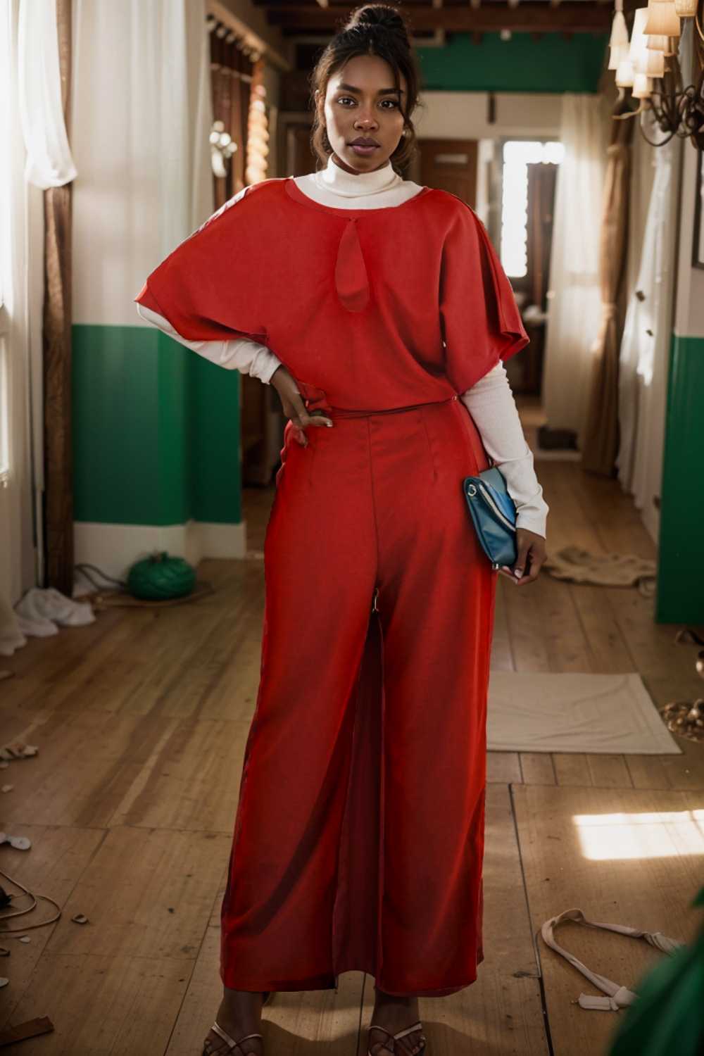 solid five point sleeve belted wide leg jumpsuit 111274
