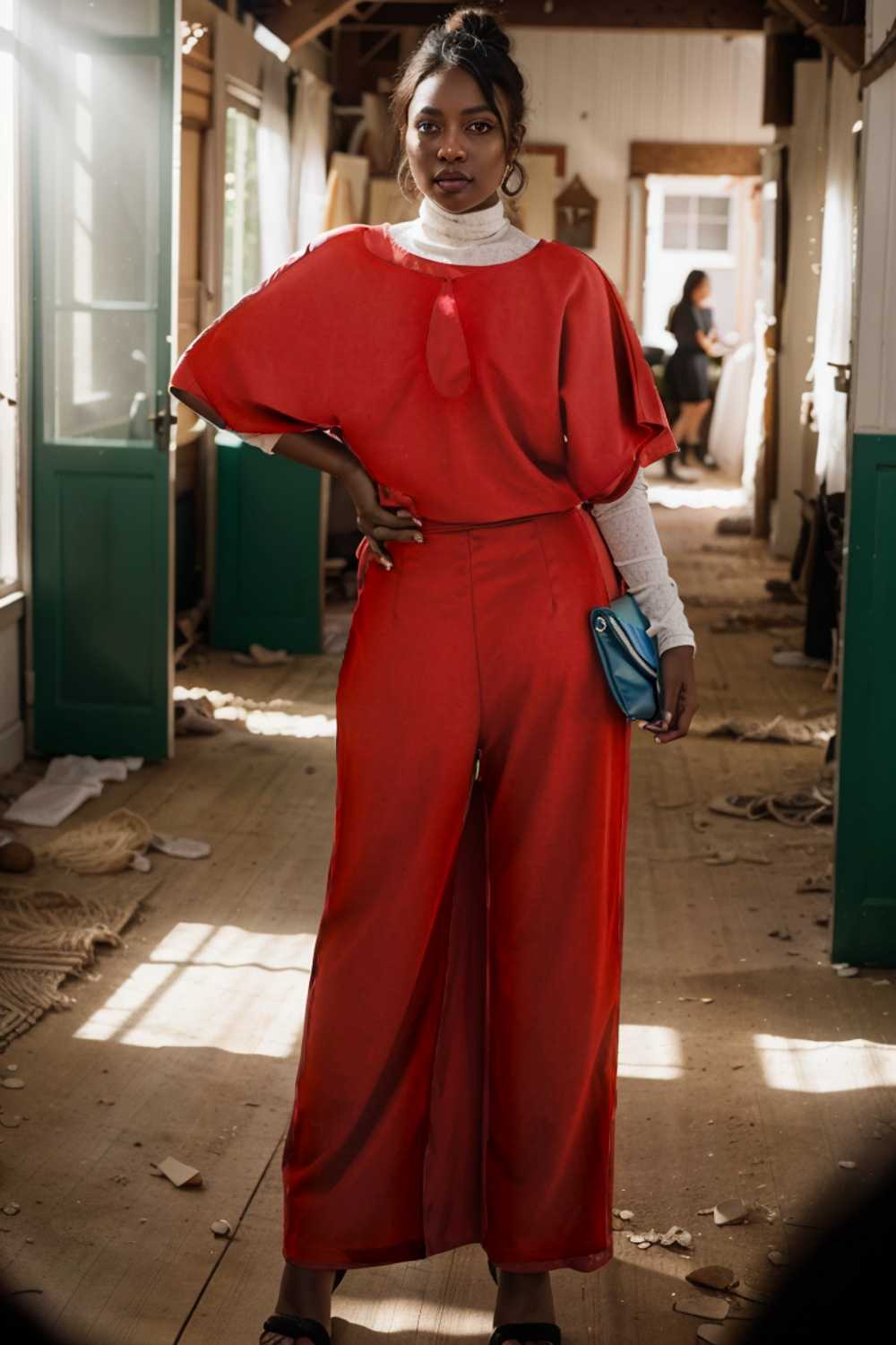 solid five point sleeve belted wide leg jumpsuit 111271