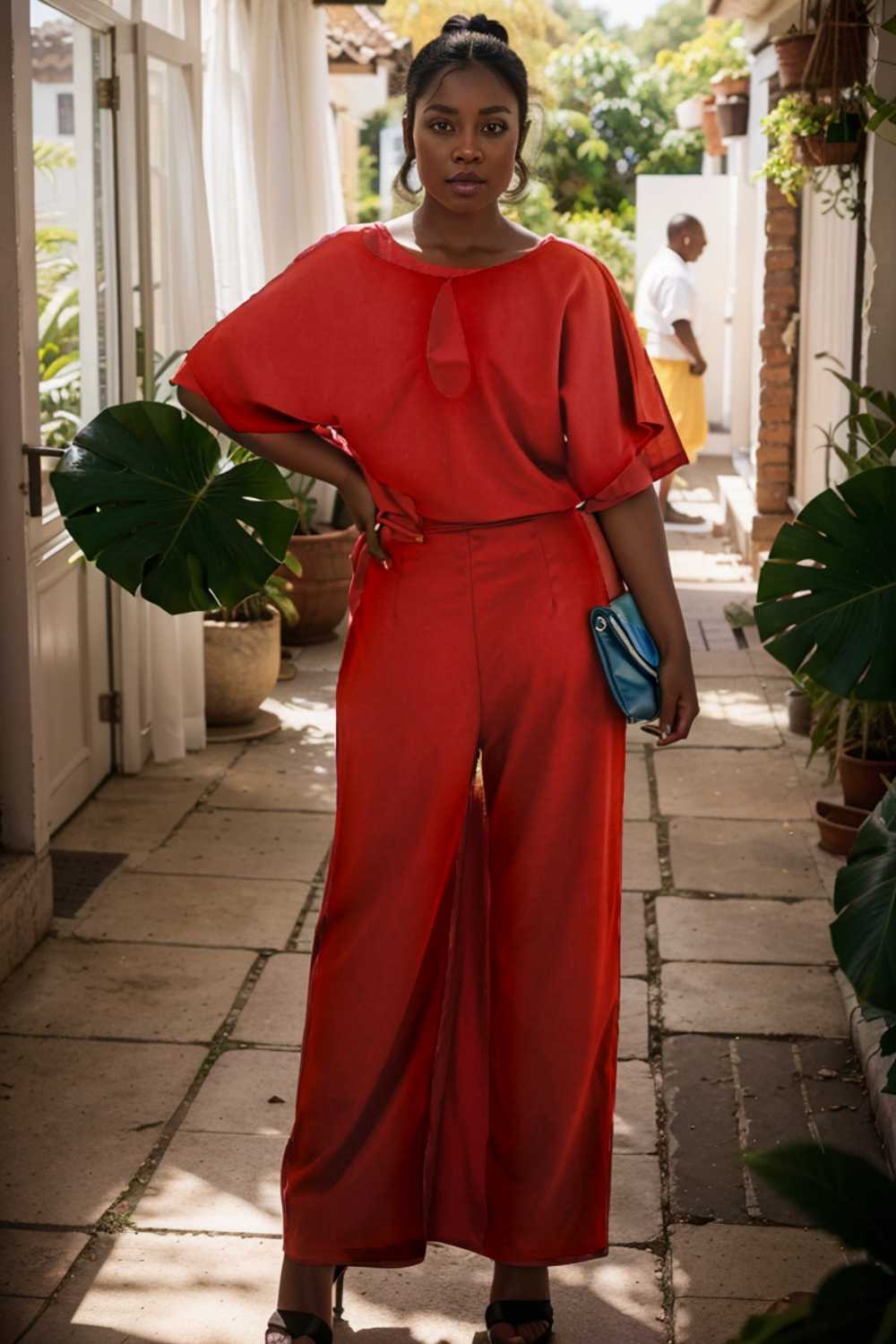 solid five point sleeve belted wide leg jumpsuit 111270