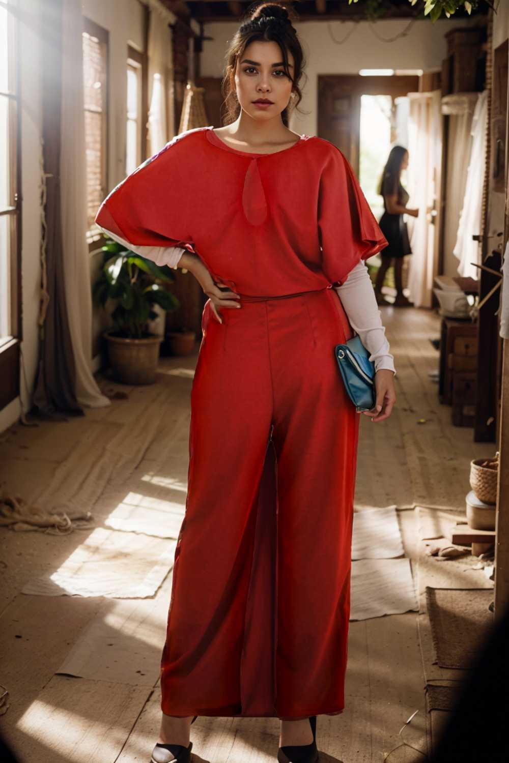 solid five point sleeve belted wide leg jumpsuit 111269