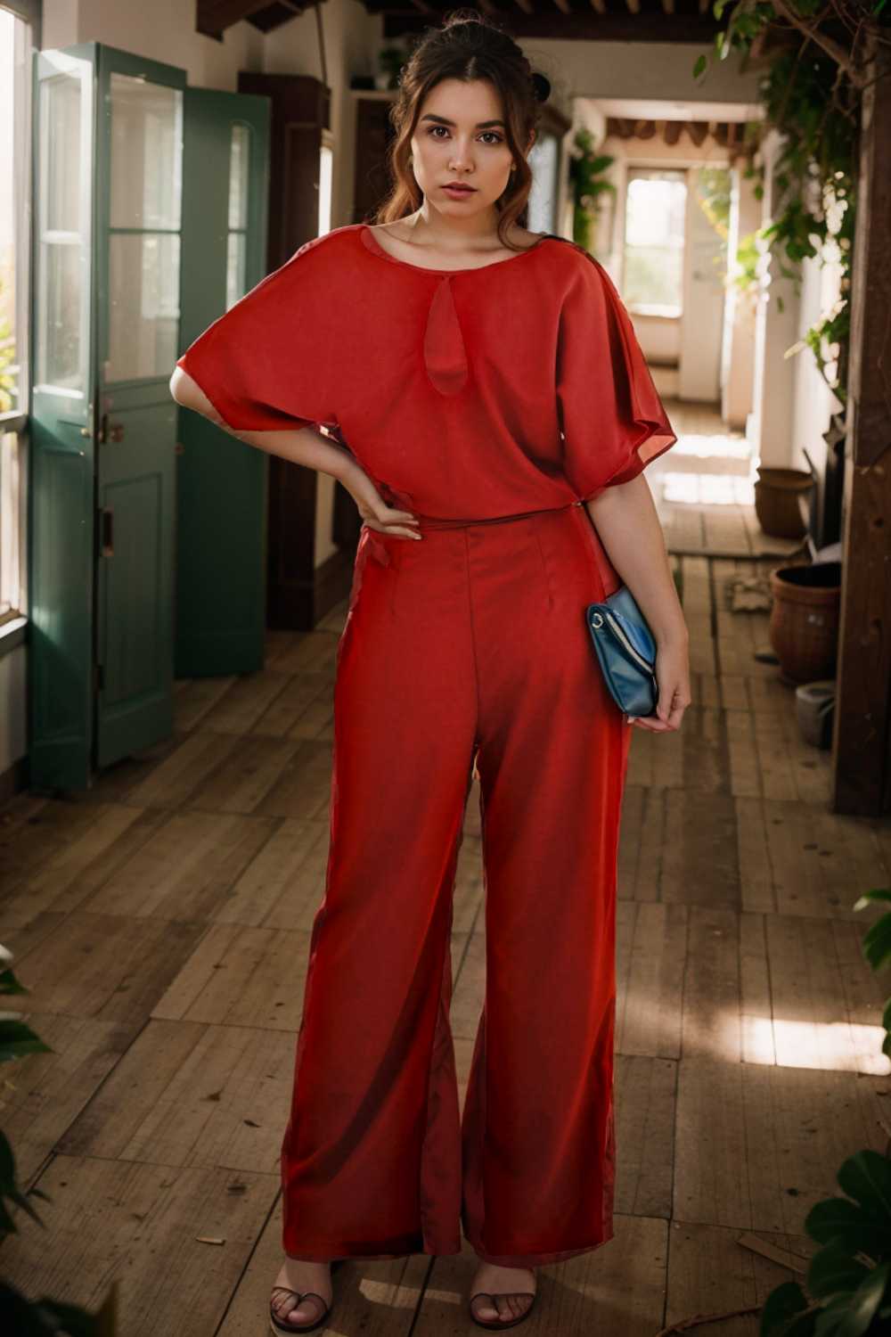 solid five point sleeve belted wide leg jumpsuit 111267