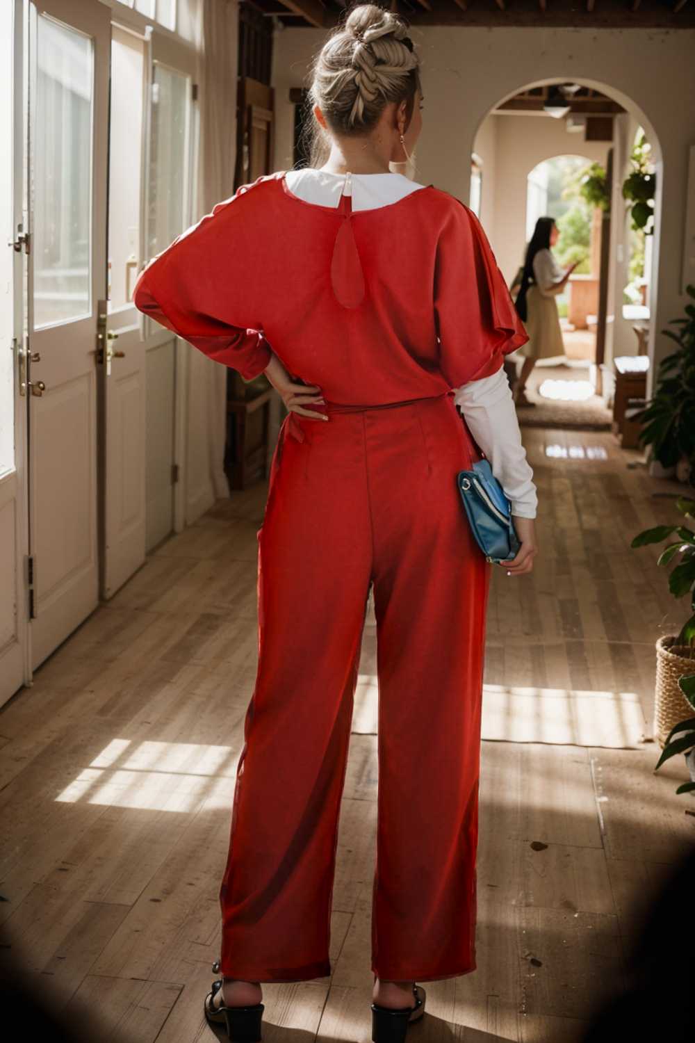 solid five point sleeve belted wide leg jumpsuit 111263