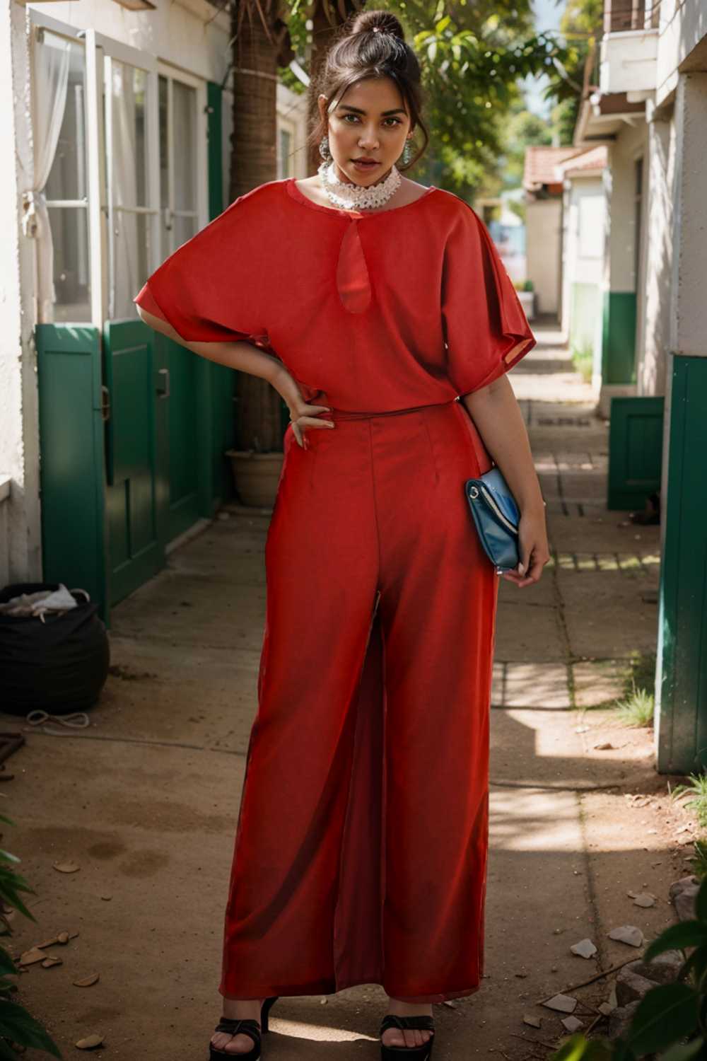 solid five point sleeve belted wide leg jumpsuit 111262