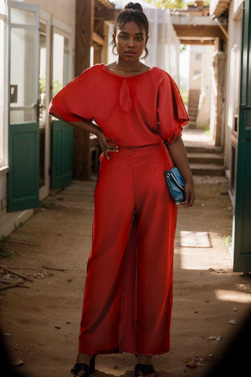 solid five point sleeve belted wide leg jumpsuit 111260
