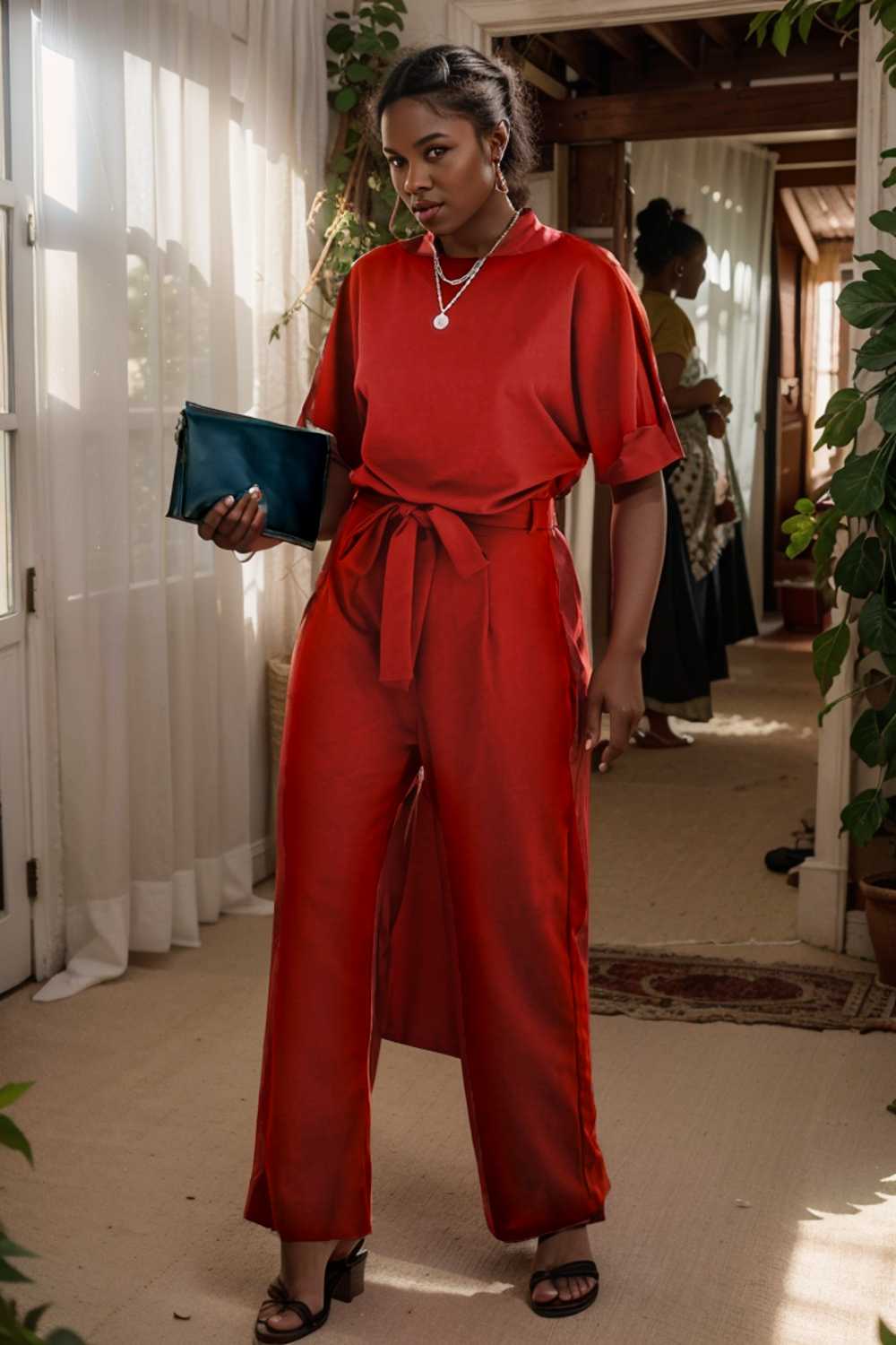 solid five point sleeve belted wide leg jumpsuit 111256