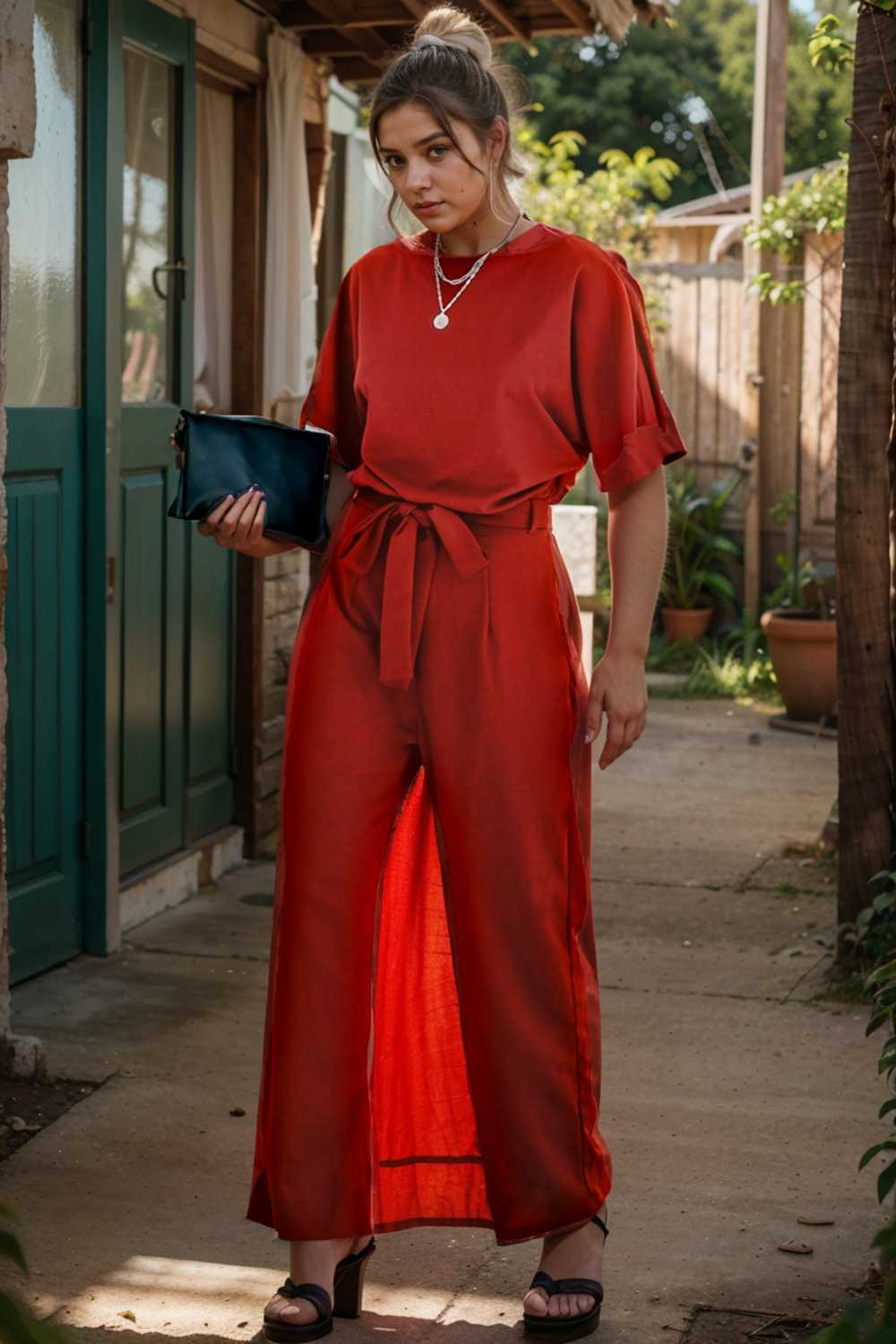 solid five point sleeve belted wide leg jumpsuit 110671