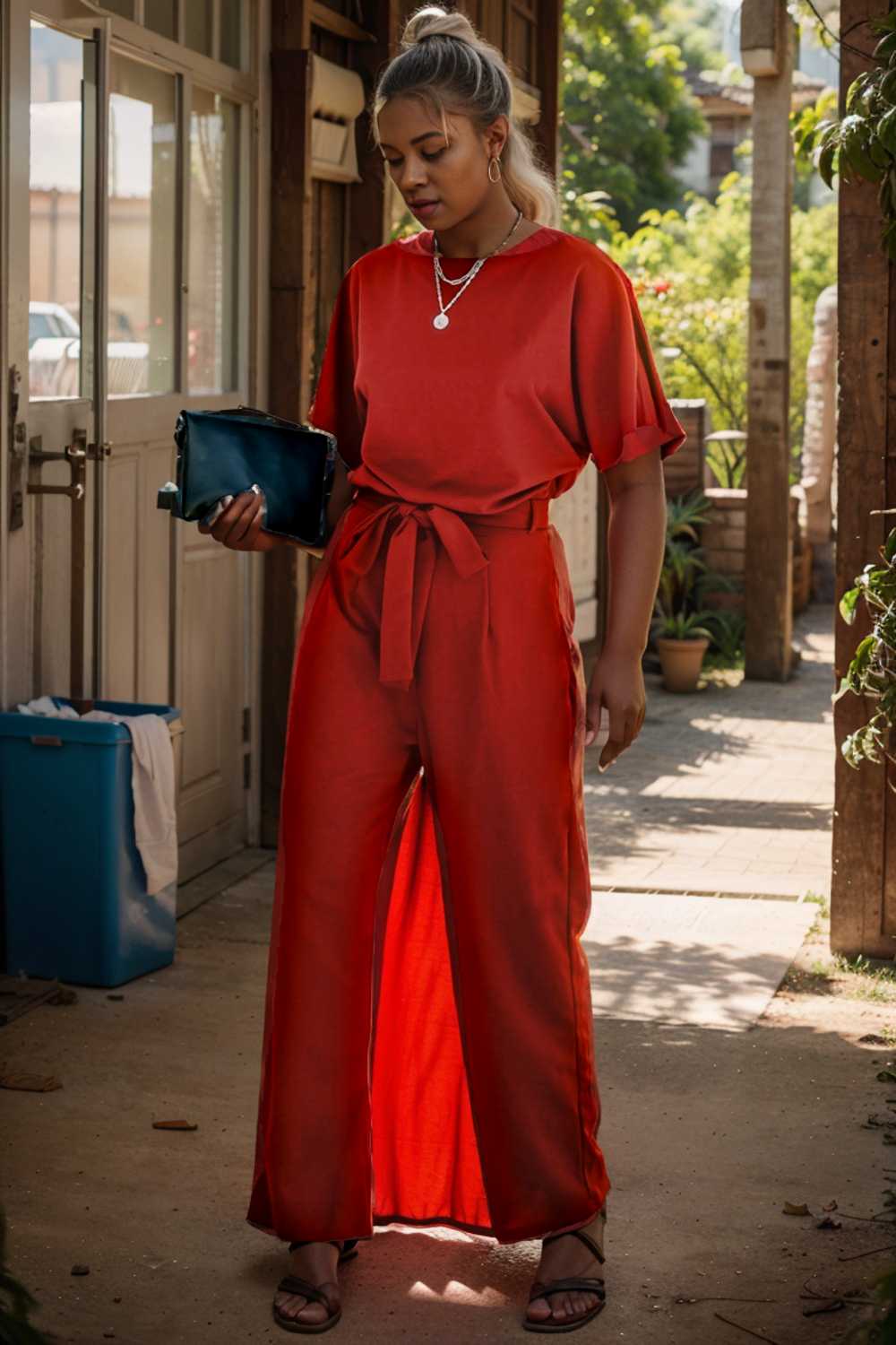 solid five point sleeve belted wide leg jumpsuit 111253