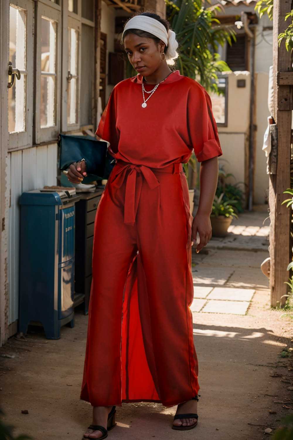 solid five point sleeve belted wide leg jumpsuit 110670