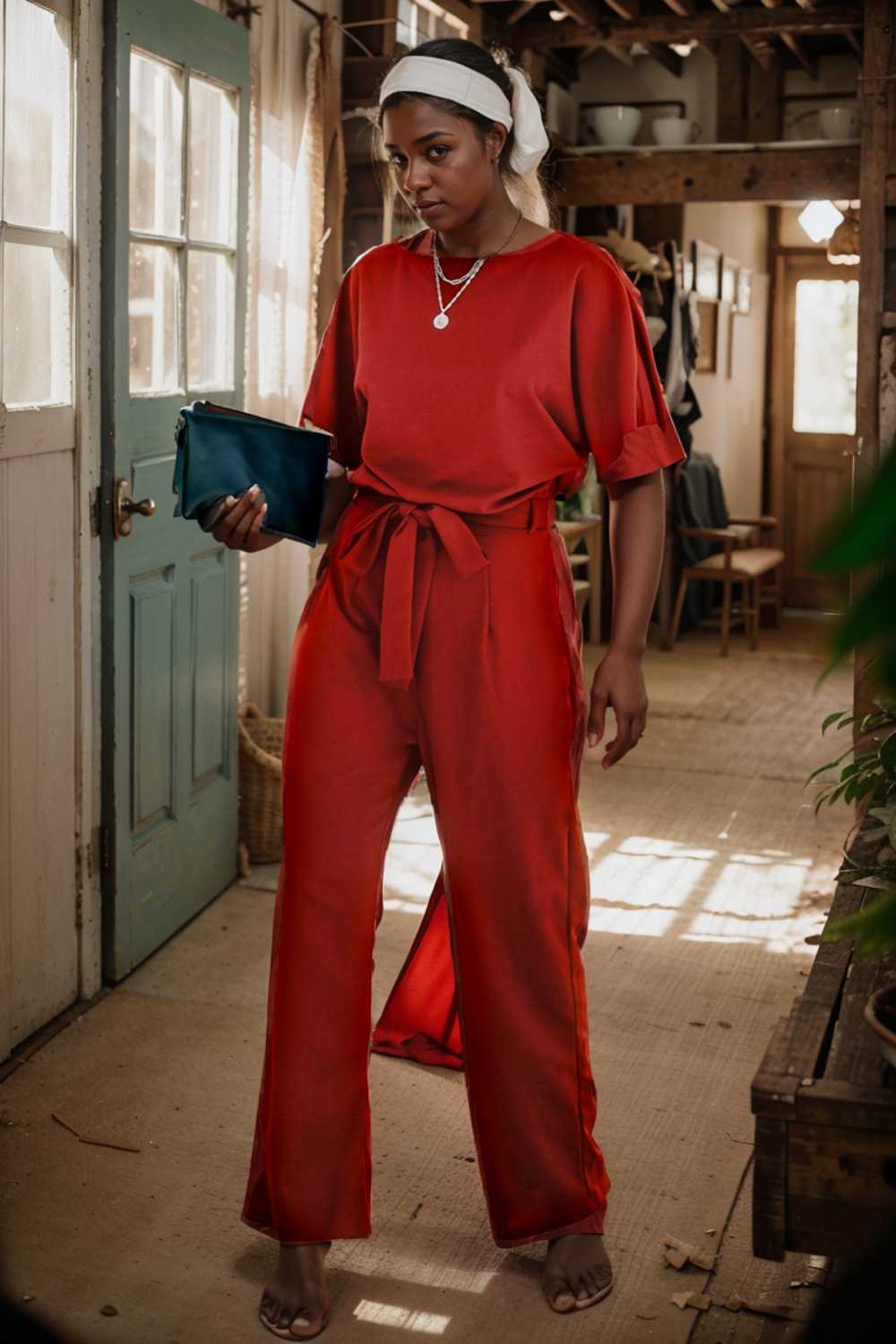 solid five point sleeve belted wide leg jumpsuit 110669