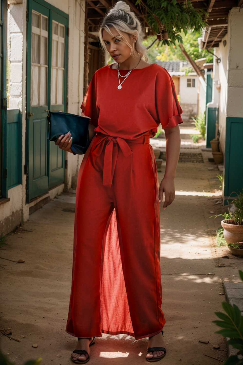 solid five point sleeve belted wide leg jumpsuit 111252