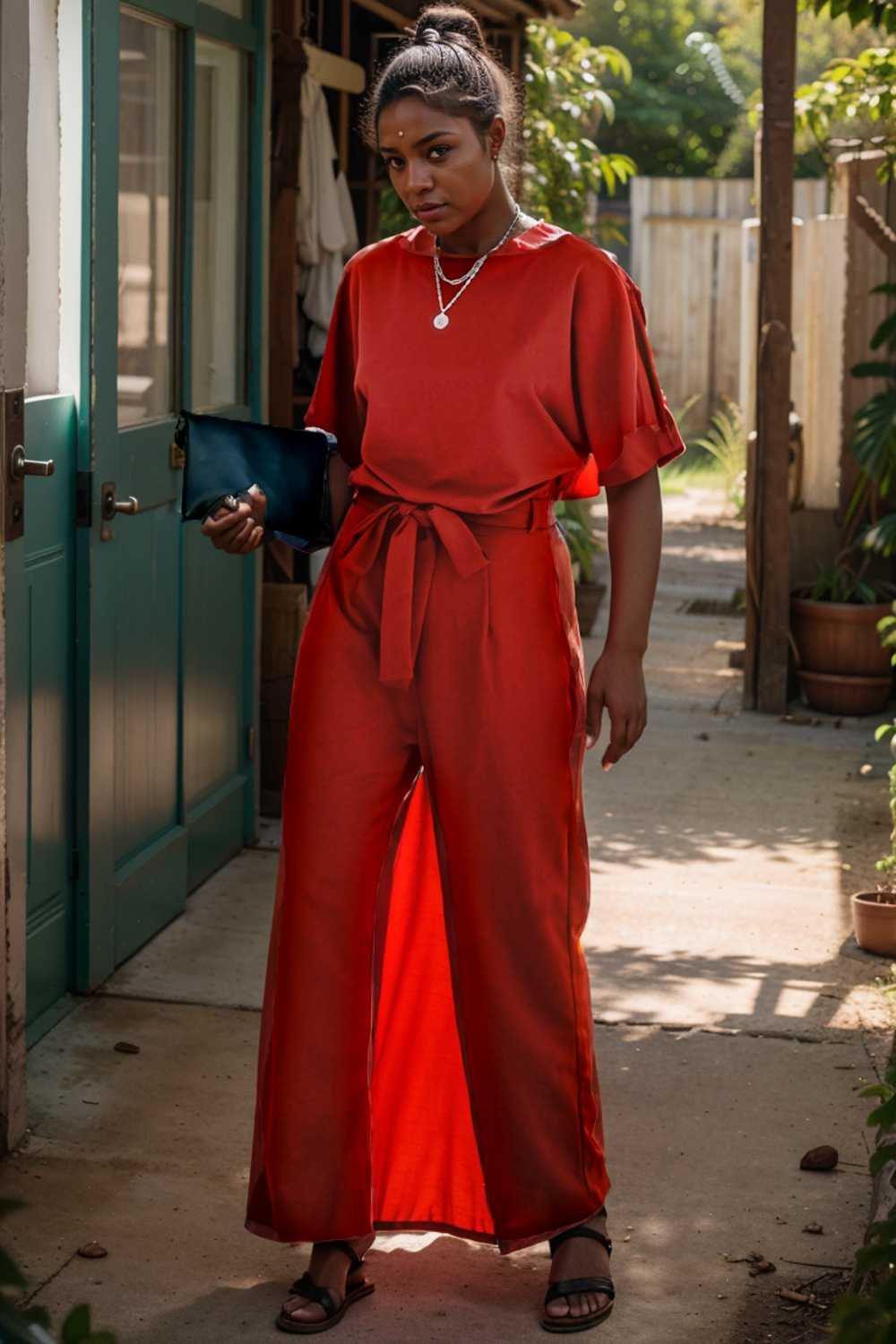 solid five point sleeve belted wide leg jumpsuit 110668