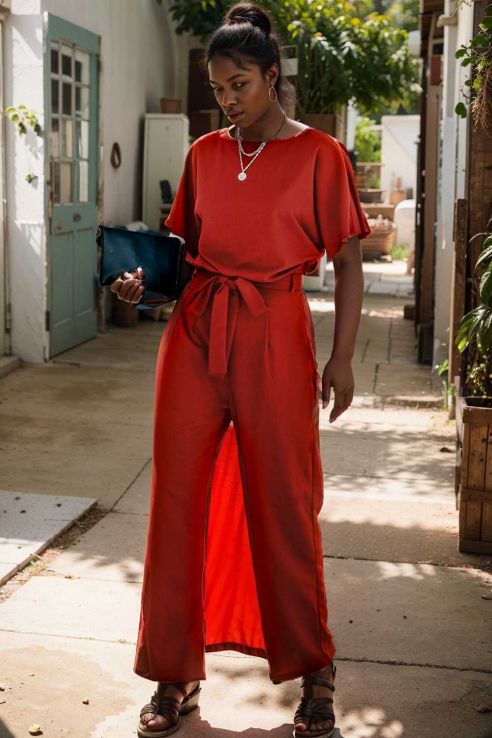 solid five point sleeve belted wide leg jumpsuit 111251