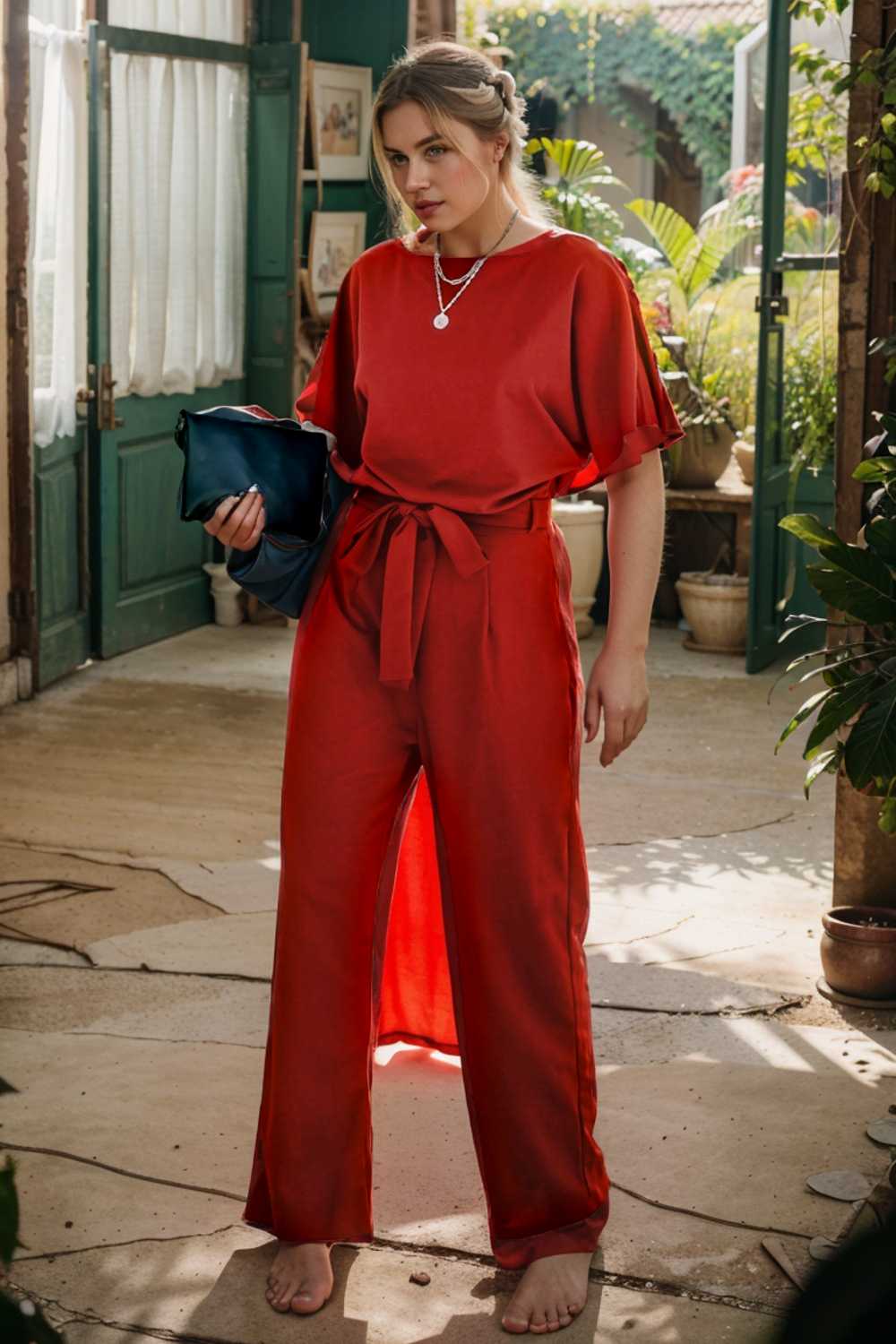 solid five point sleeve belted wide leg jumpsuit 111248